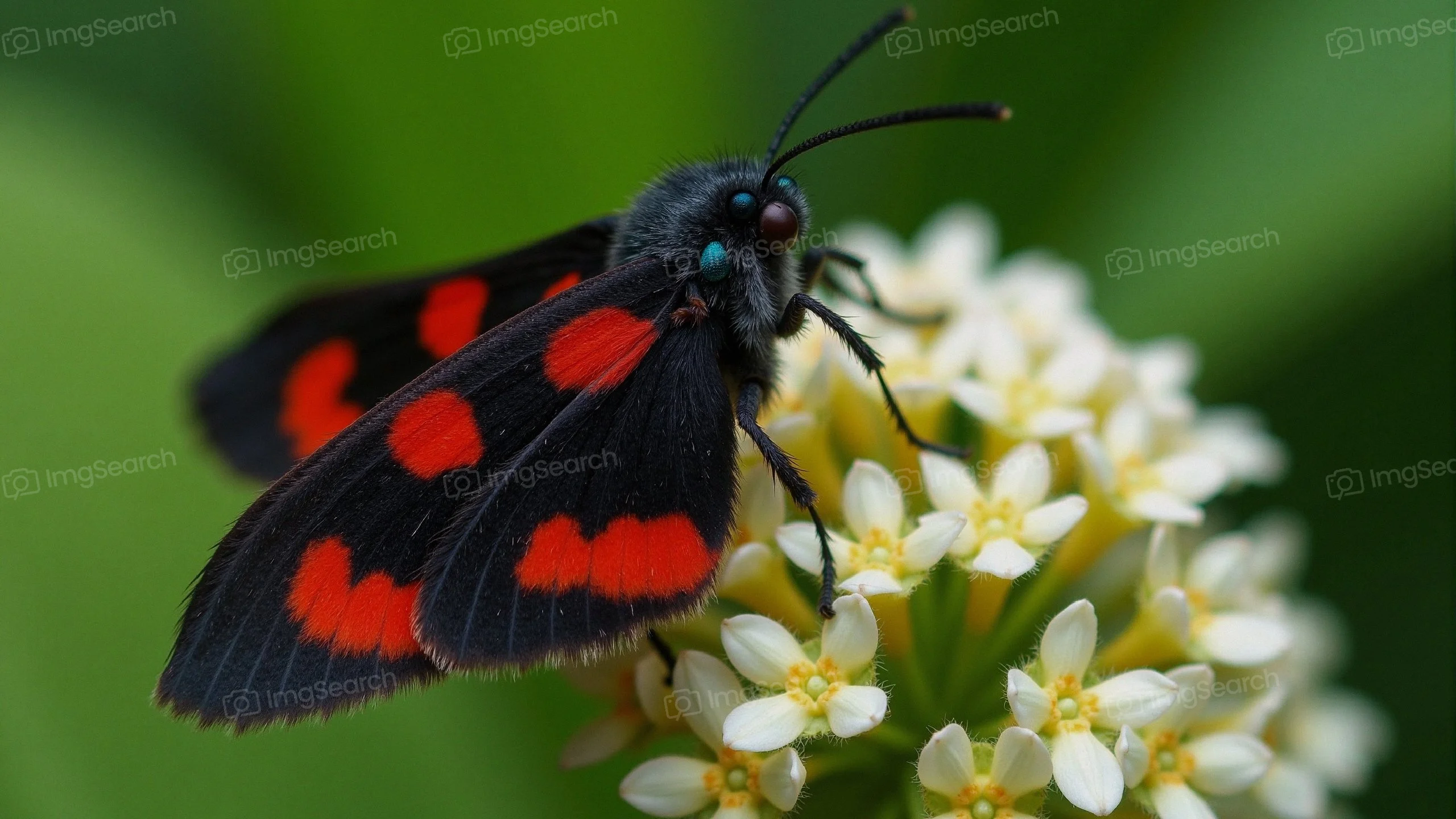 Close-up of a butterfly with red spots on black wings perched on white flowers