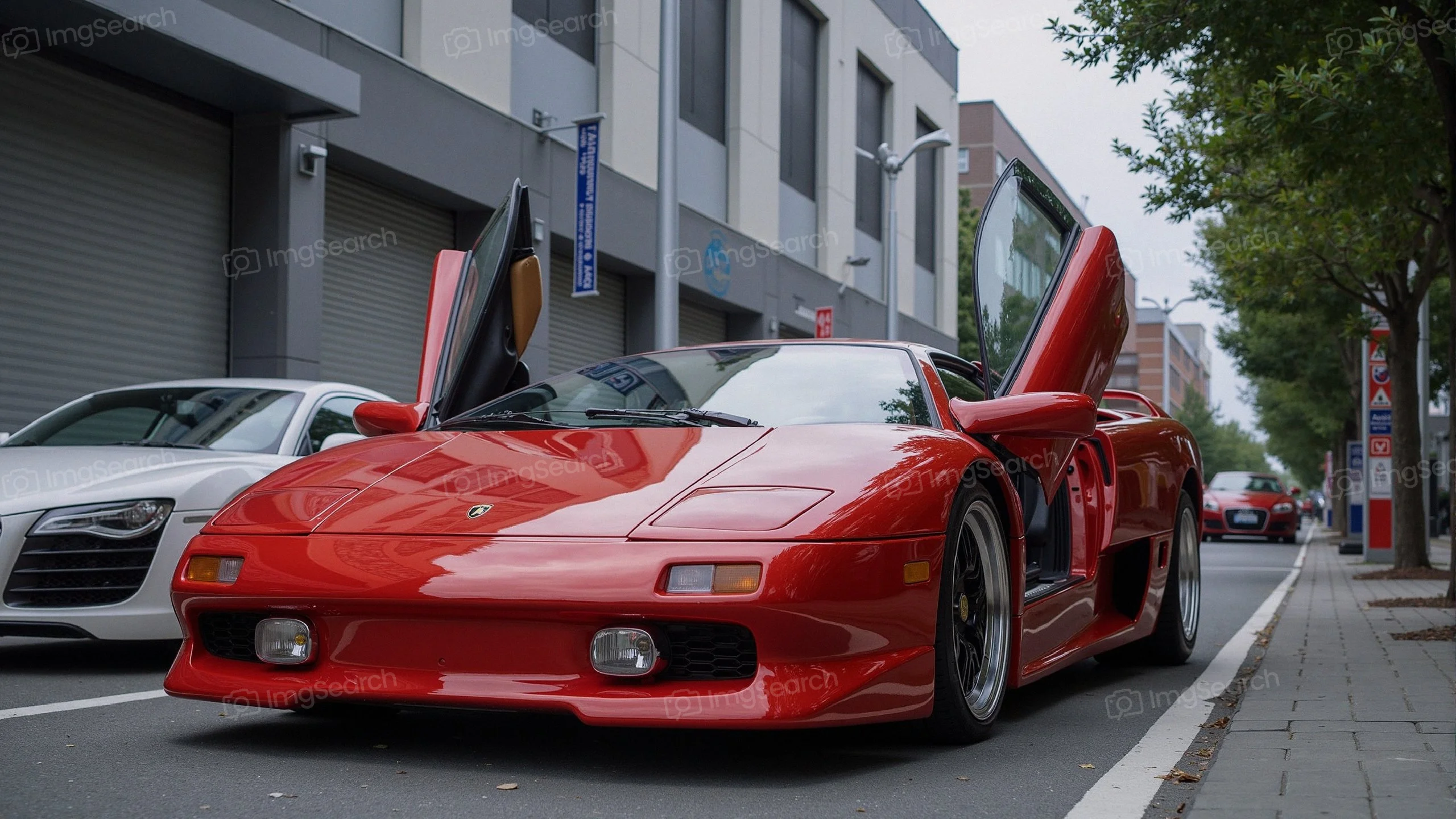 A striking red Lamborghini with scissor doors opened, parked on a city street