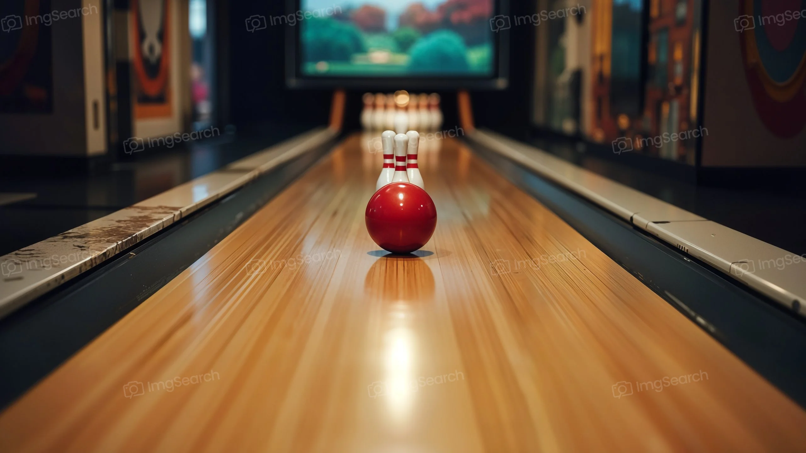 A bowling lane with a single red and white pin at the end of the lane