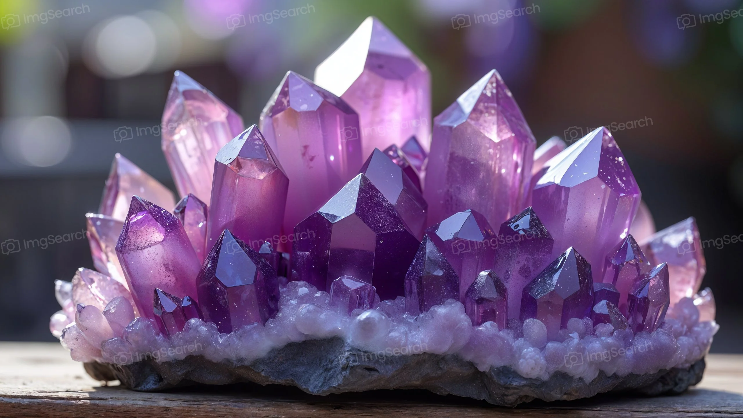 A cluster of purple amethyst crystals with sharp points and a rocky base.