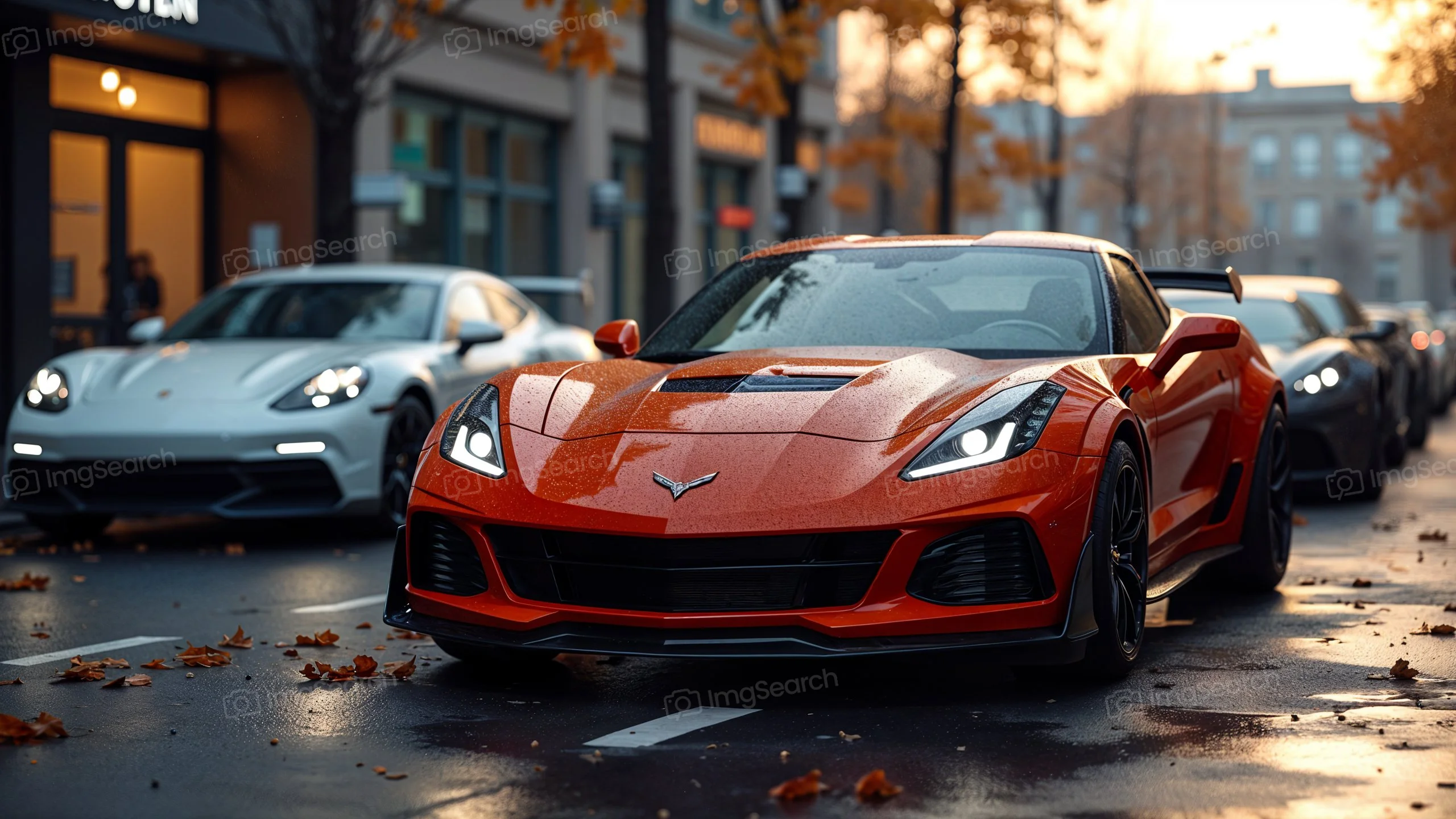 An orange Corvette ZR1 parked on a street with fall leaves, with other cars in the background.