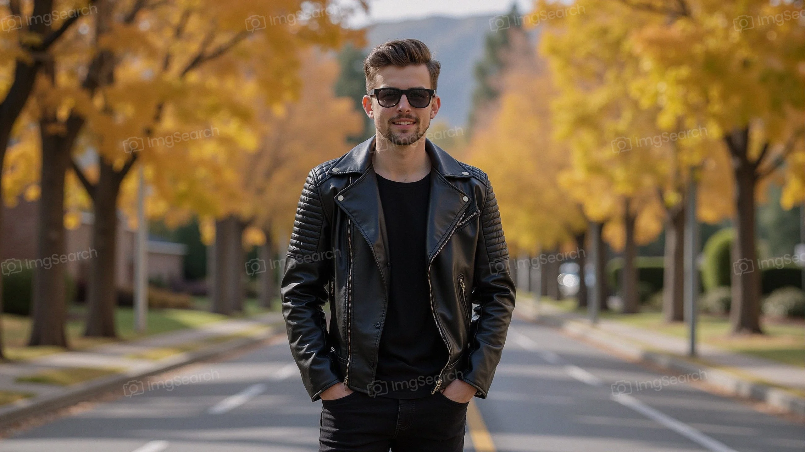 A young man in a leather jacket stands on an autumn street with colorful trees.
