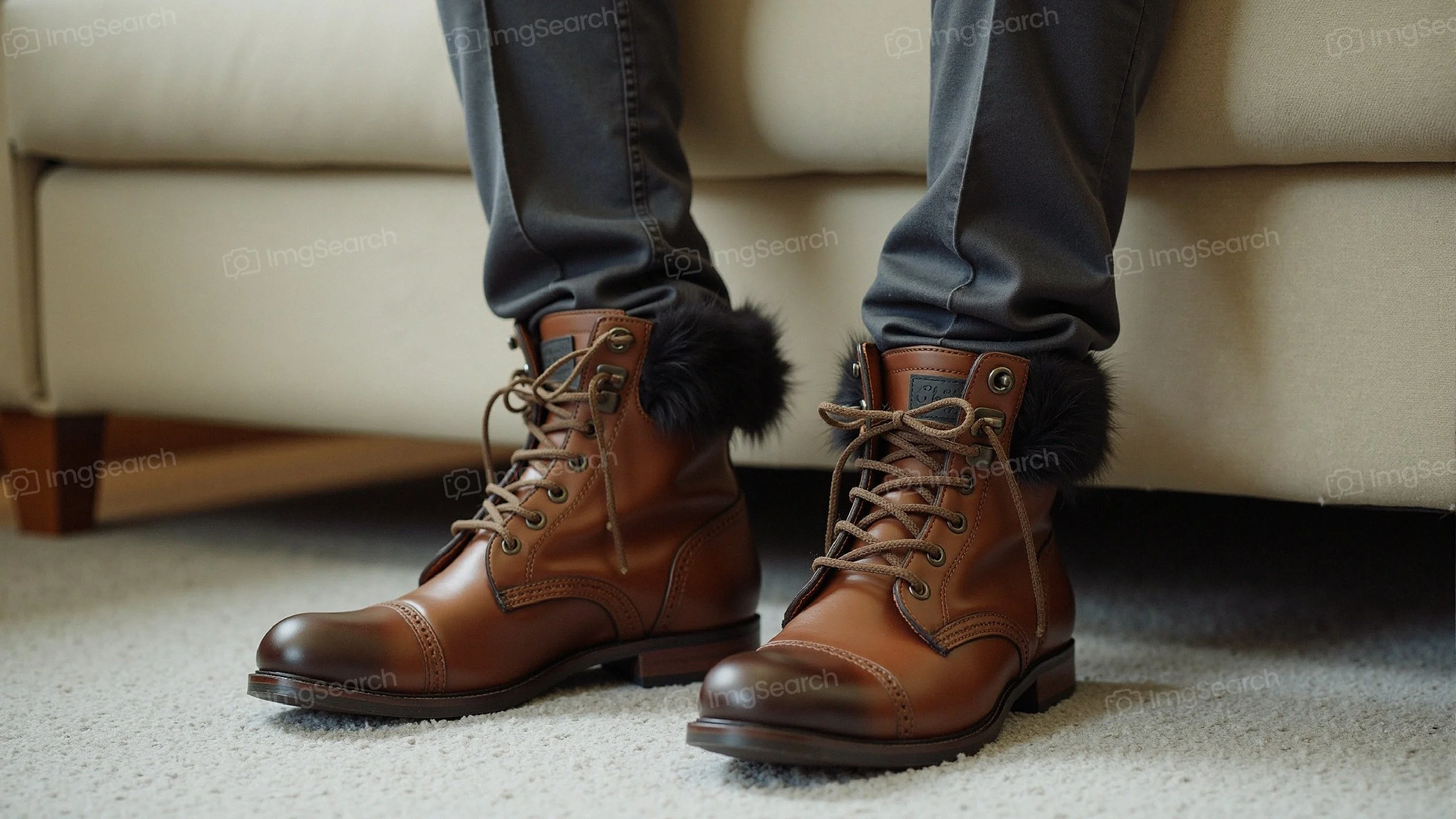 A close-up of brown boots with fur, worn by a person sitting on a couch