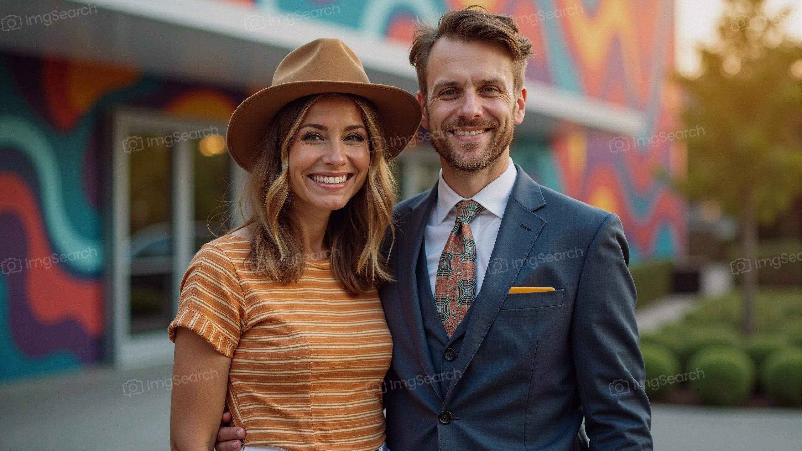 A stylish couple smiling in front of a colorful mural, the woman in a hat striped shirt, the man in a suit.