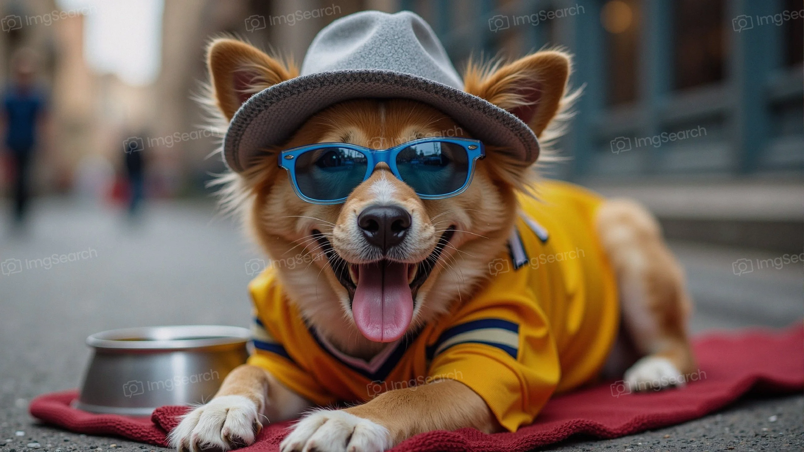 A stylish dog wearing sunglasses a hat, resting on a blanket in the street.