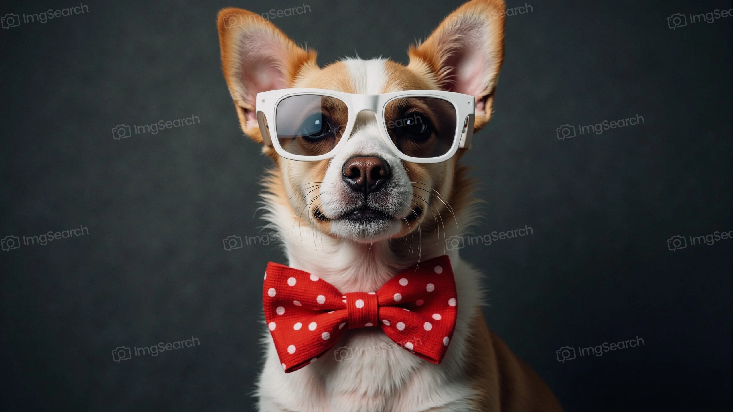 A dog in glasses with a red polka dot bow tie