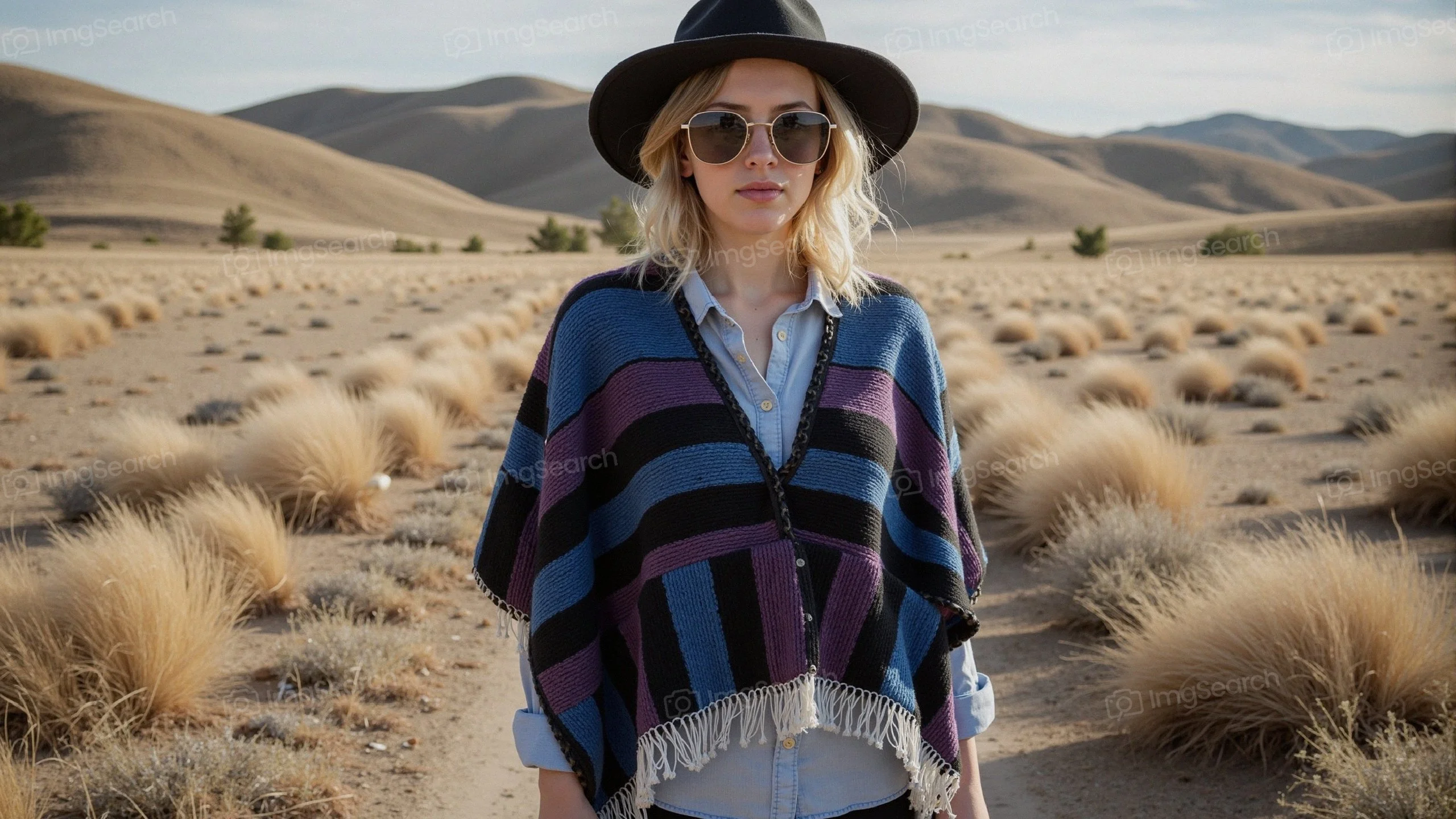 A young woman wearing a colorful poncho sunglasses stands in a dry grassland with hills in the background.