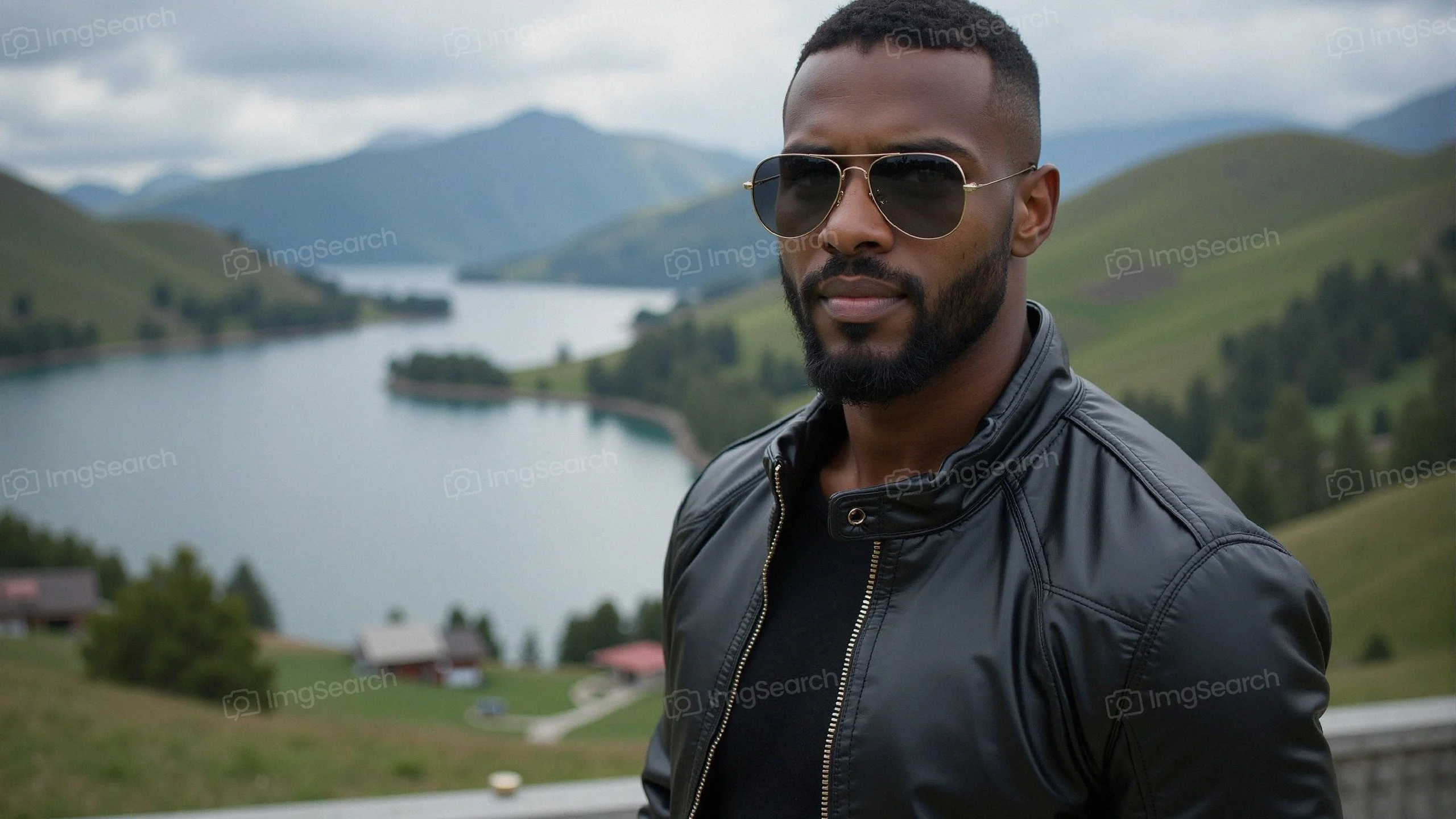 A stylish man wearing a leather jacket sunglasses stands in front of a scenic lake surrounded by mountains.