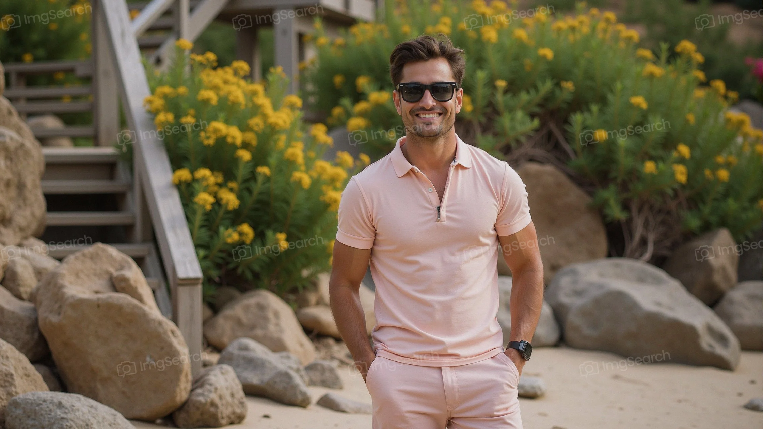 A man in a light pink polo shirt sunglasses smiles while standing on a sandy beach surrounded by flowers rocks.