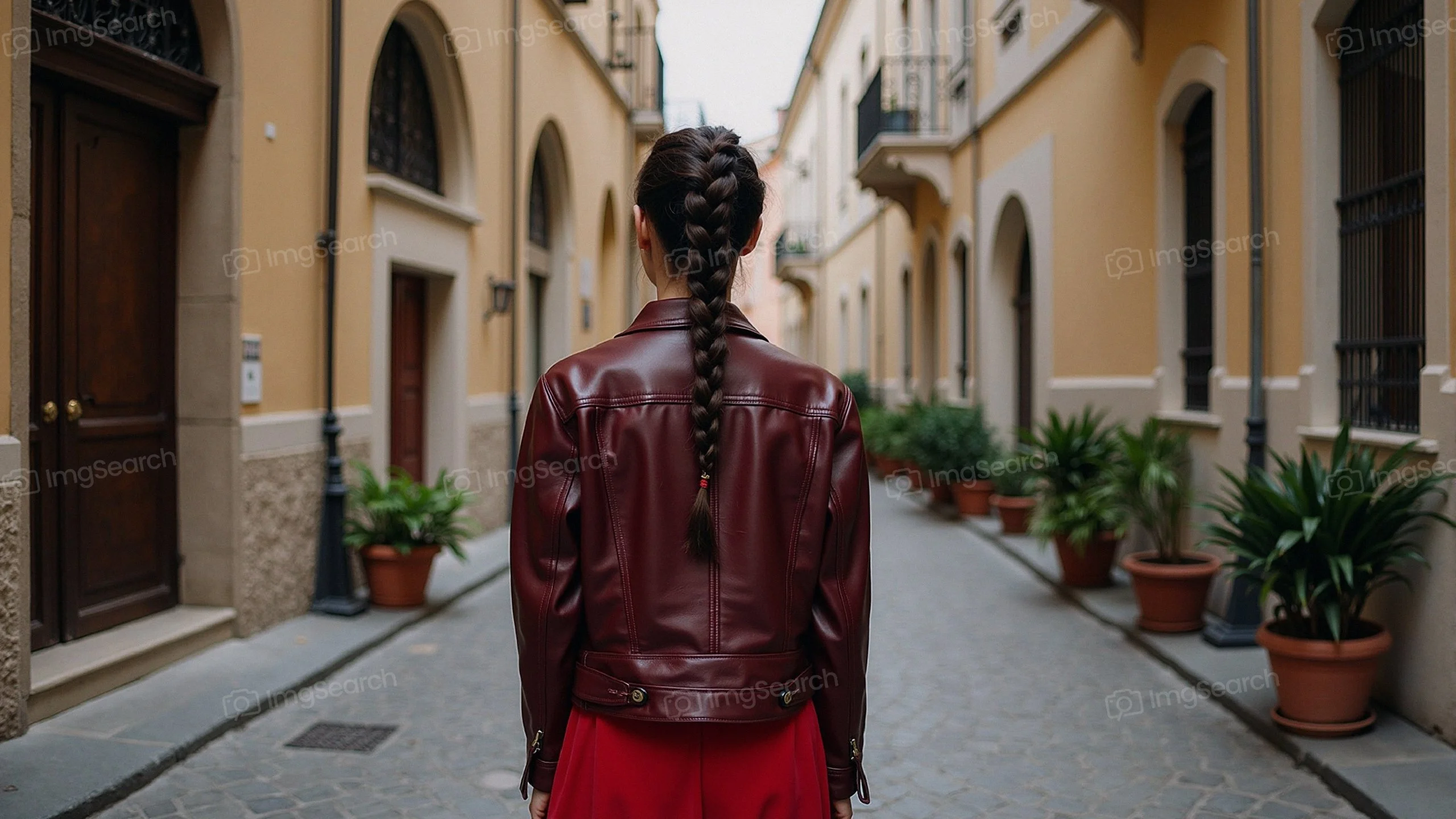 A woman with a long braid wearing a burgundy leather jacket a red dress stands in a Italian alley adorned with plants.