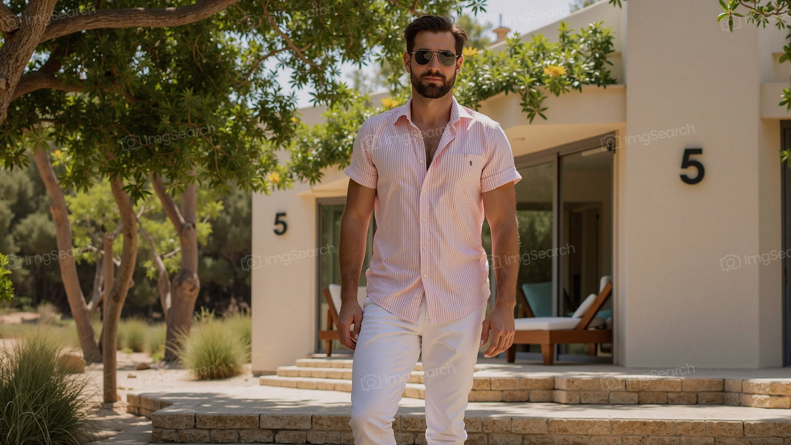 A man in a striped pink shirt white pants walking outdoors in a stylish environment.