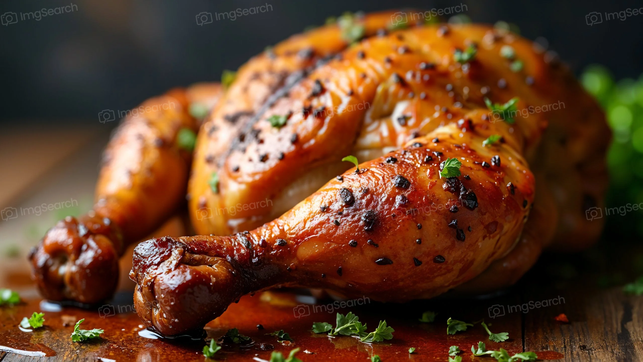 A whole roasted chicken garnished with herbs on a wooden surface