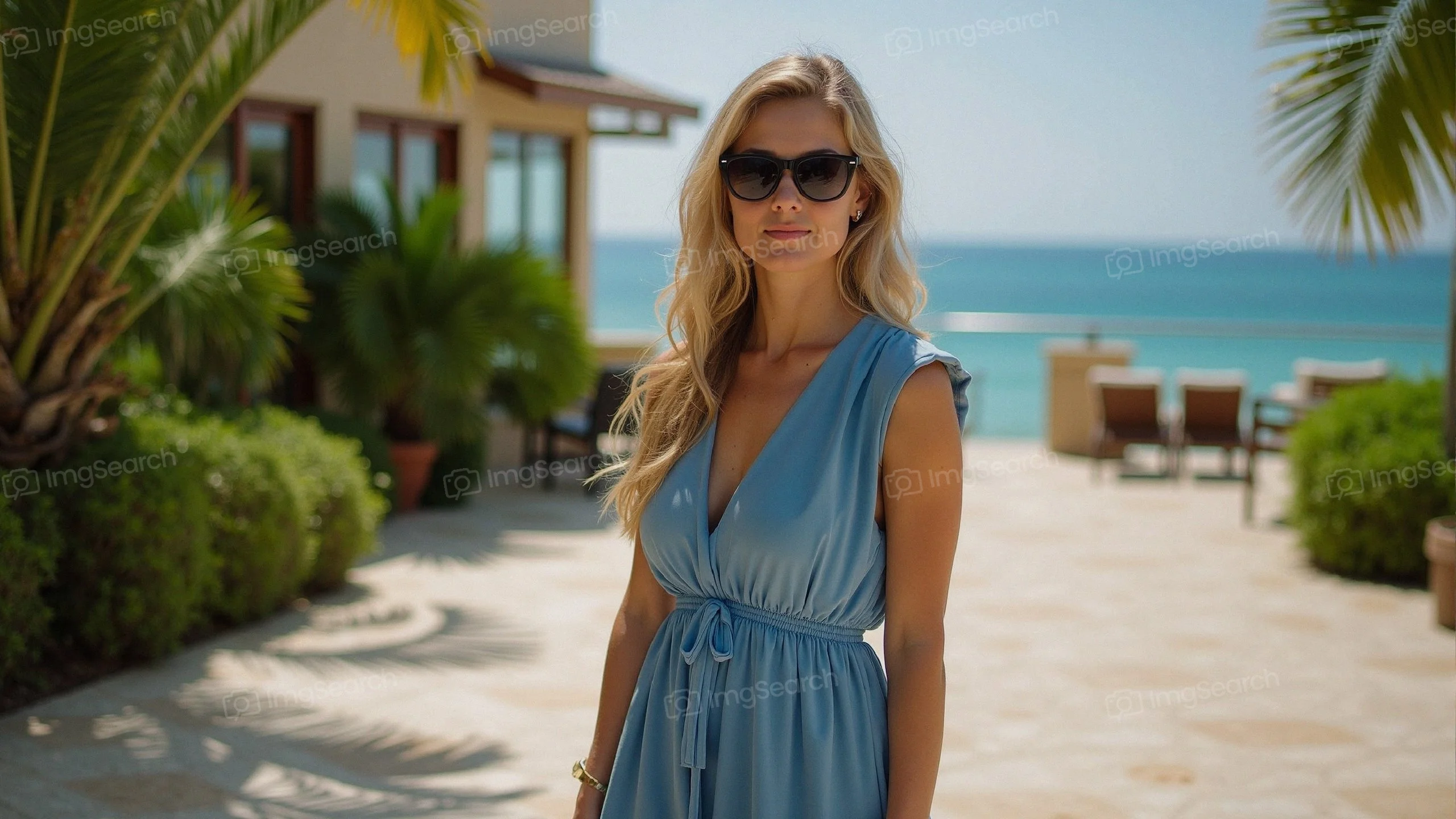 A woman in a light blue dress sunglasses standing on a beachside pathway with ocean views.