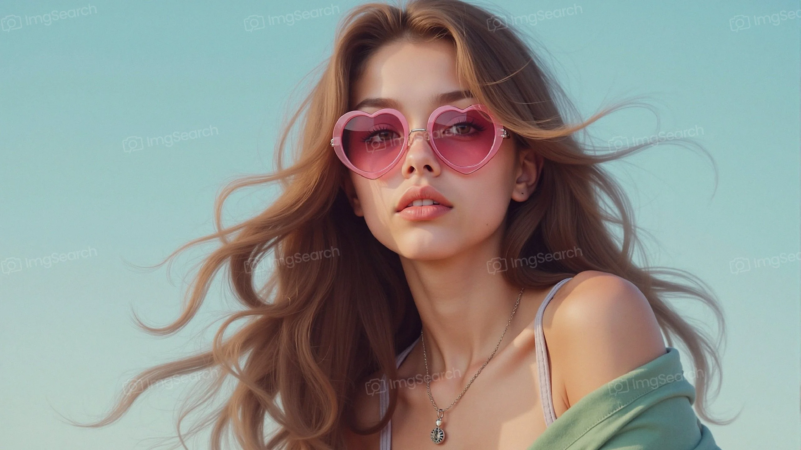 Young woman wearing pink sunglasses with flowing hair against a light blue background.