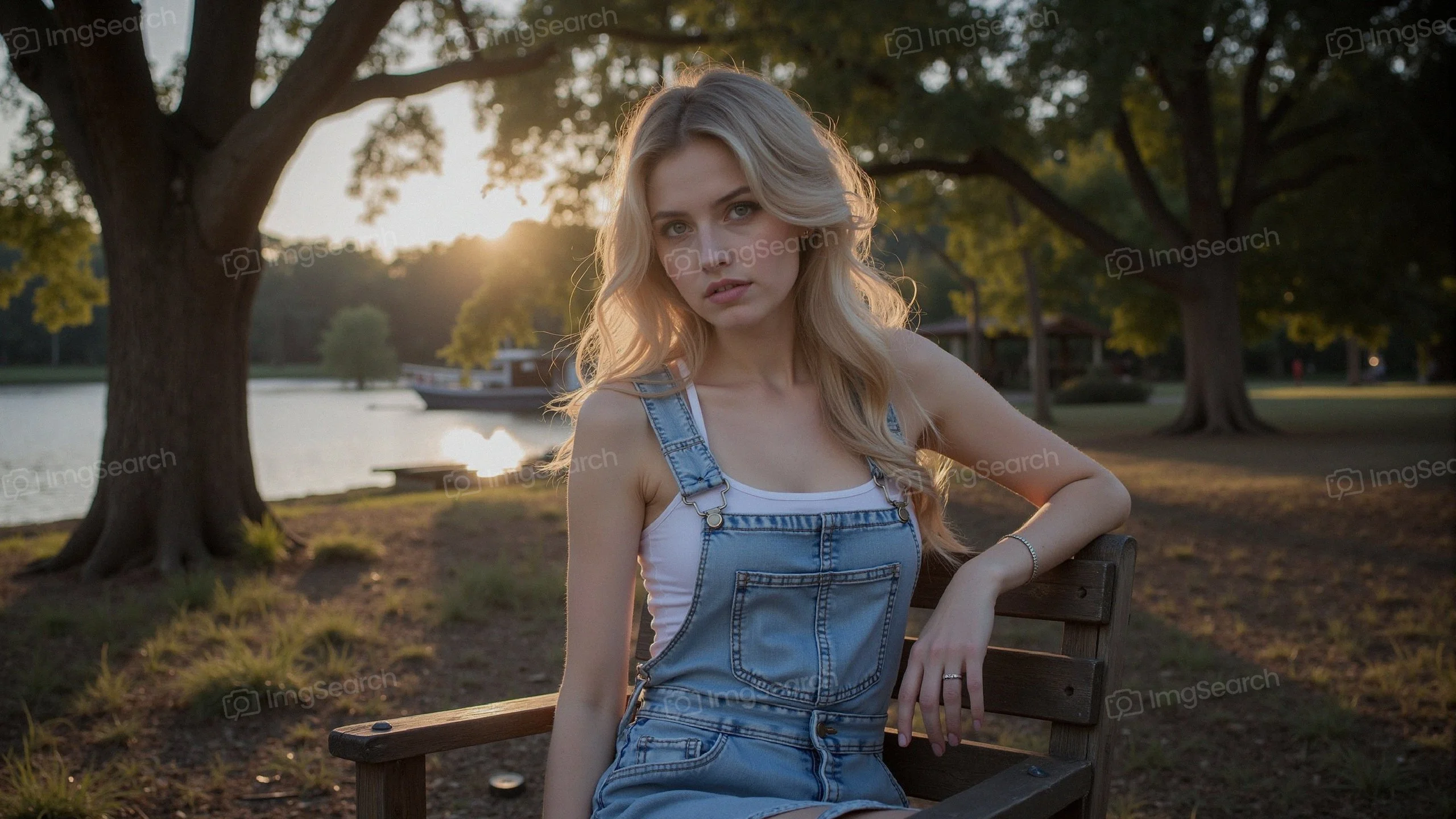 A young woman in denim overalls sits on a bench by a lake during sunset, embodying a summer vibe.