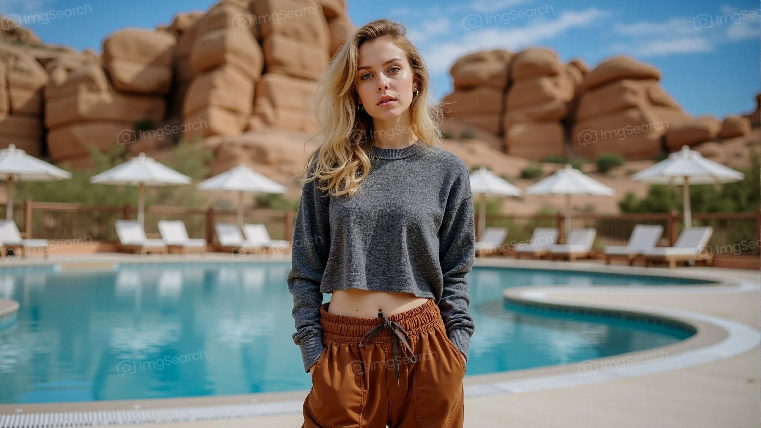 A young woman in a gray crop sweater brown joggers standing by a tranquil pool at a resort, surrounded by rock formations.