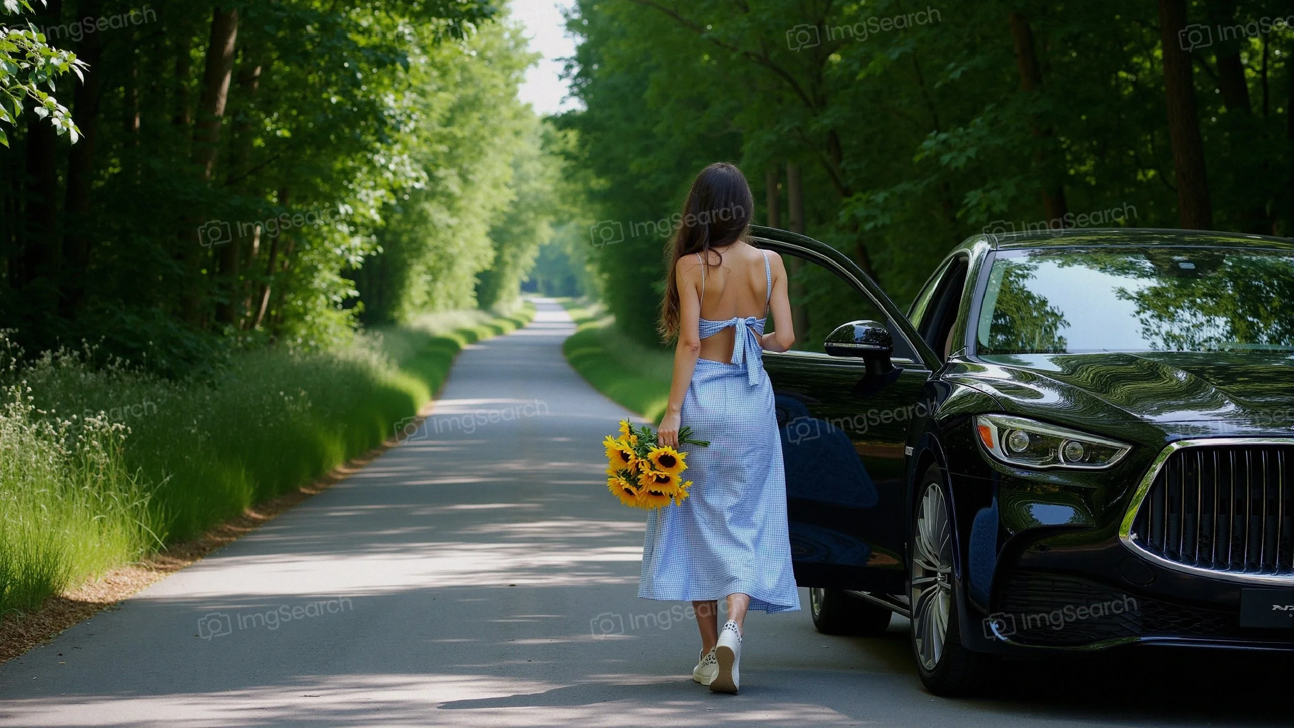 A woman in a blue checkered dress holding sunflowers stands beside a black car on a tree-lined country road.