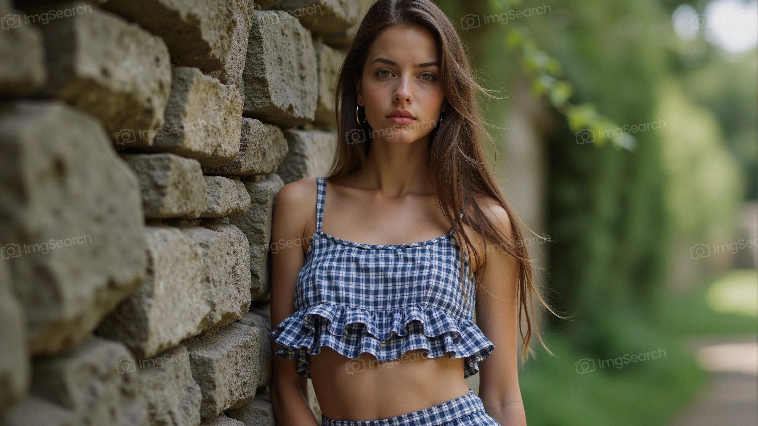 Young woman in a gingham crop top skirt posing by a stone wall in a green outdoor setting
