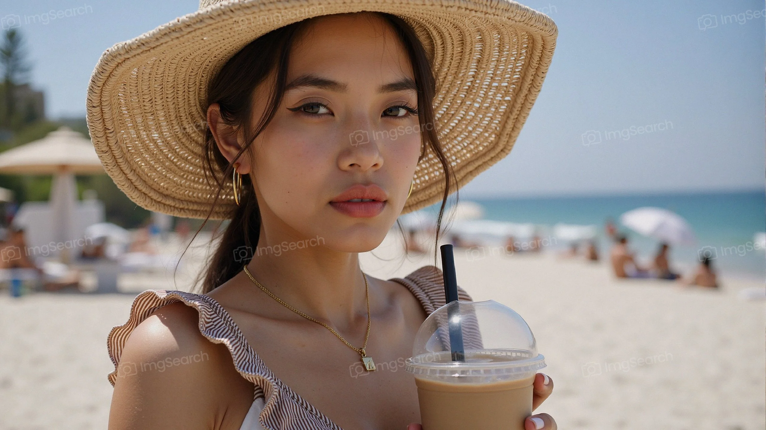A young woman in a straw hat holding iced coffee at the beach