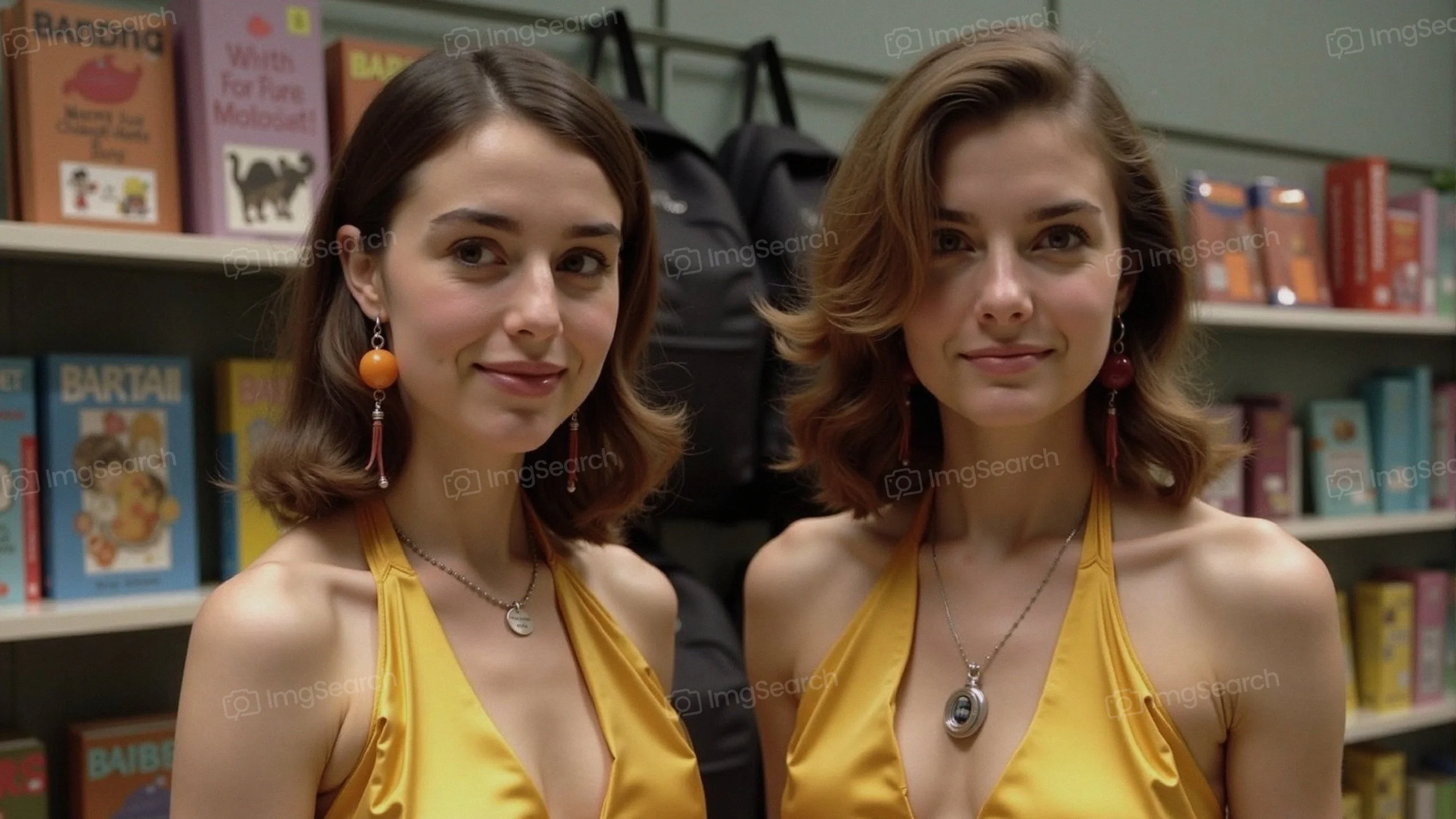 Two identical twins in yellow dresses standing in a colorful book-filled setting.