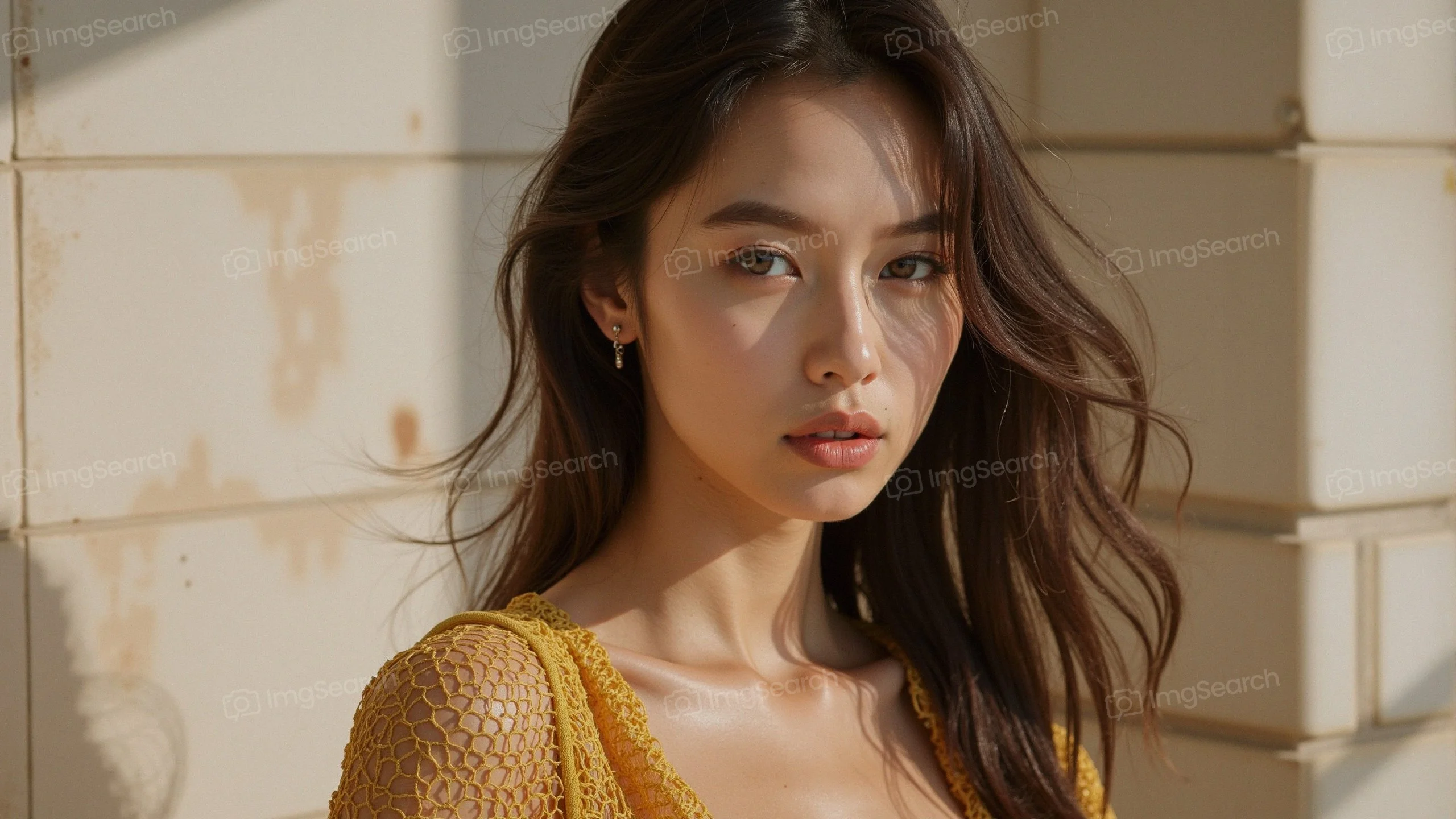 A portrait of a young woman with long hair wearing a yellow top, standing in soft sunlight against a textured background