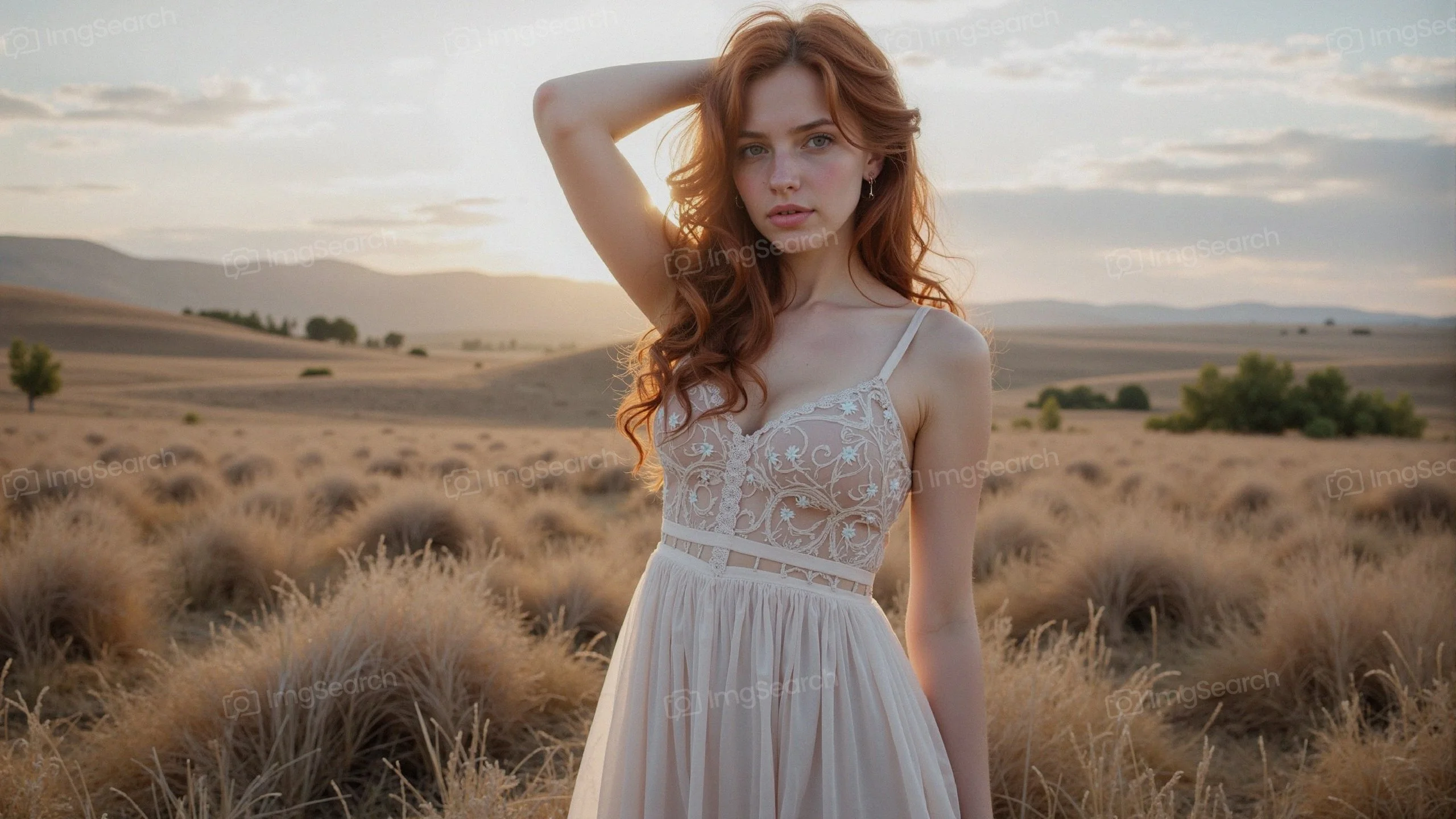 A young woman in a white dress stands in a field during sunset.