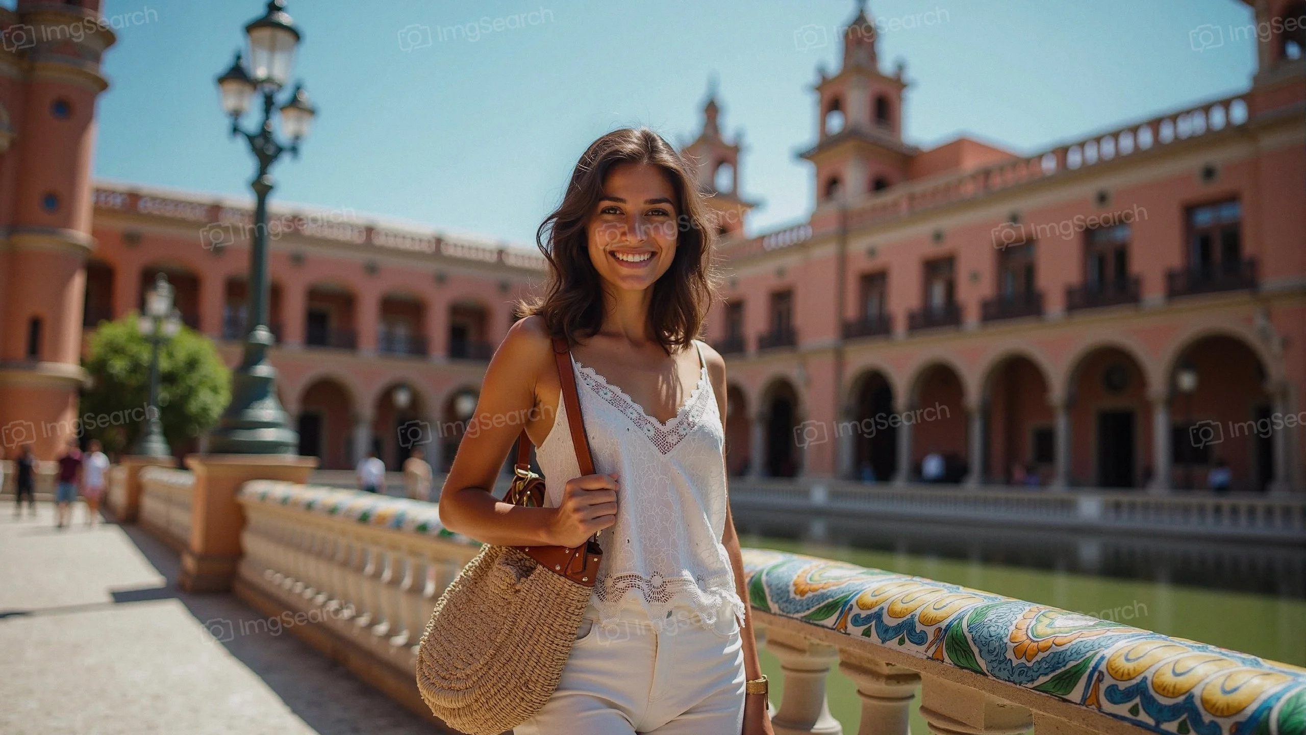 A smiling young woman in a casual outfit standing in a sunny plaza with beautiful architecture in the background.