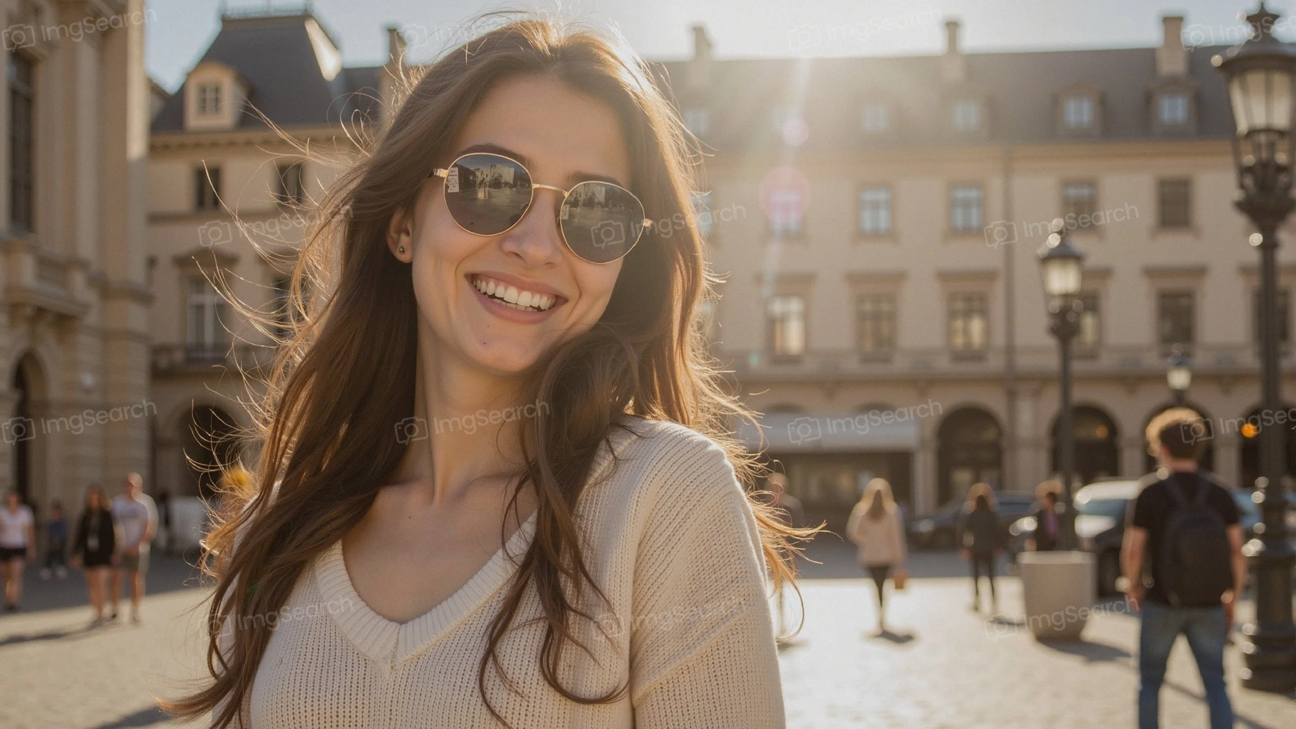 Young woman smiling in a sunlit city square, wearing sunglasses