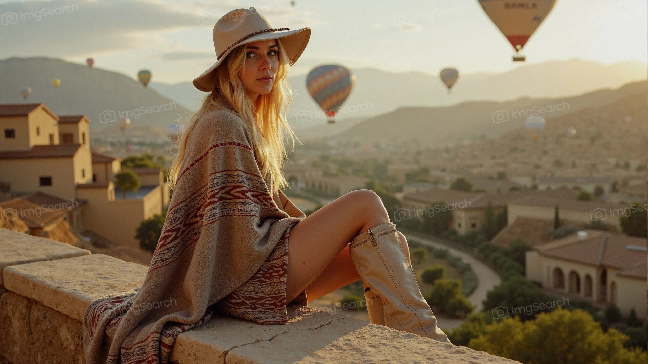 A woman in a hat sitting on a stone wall with hot air balloons in the background during sunset.