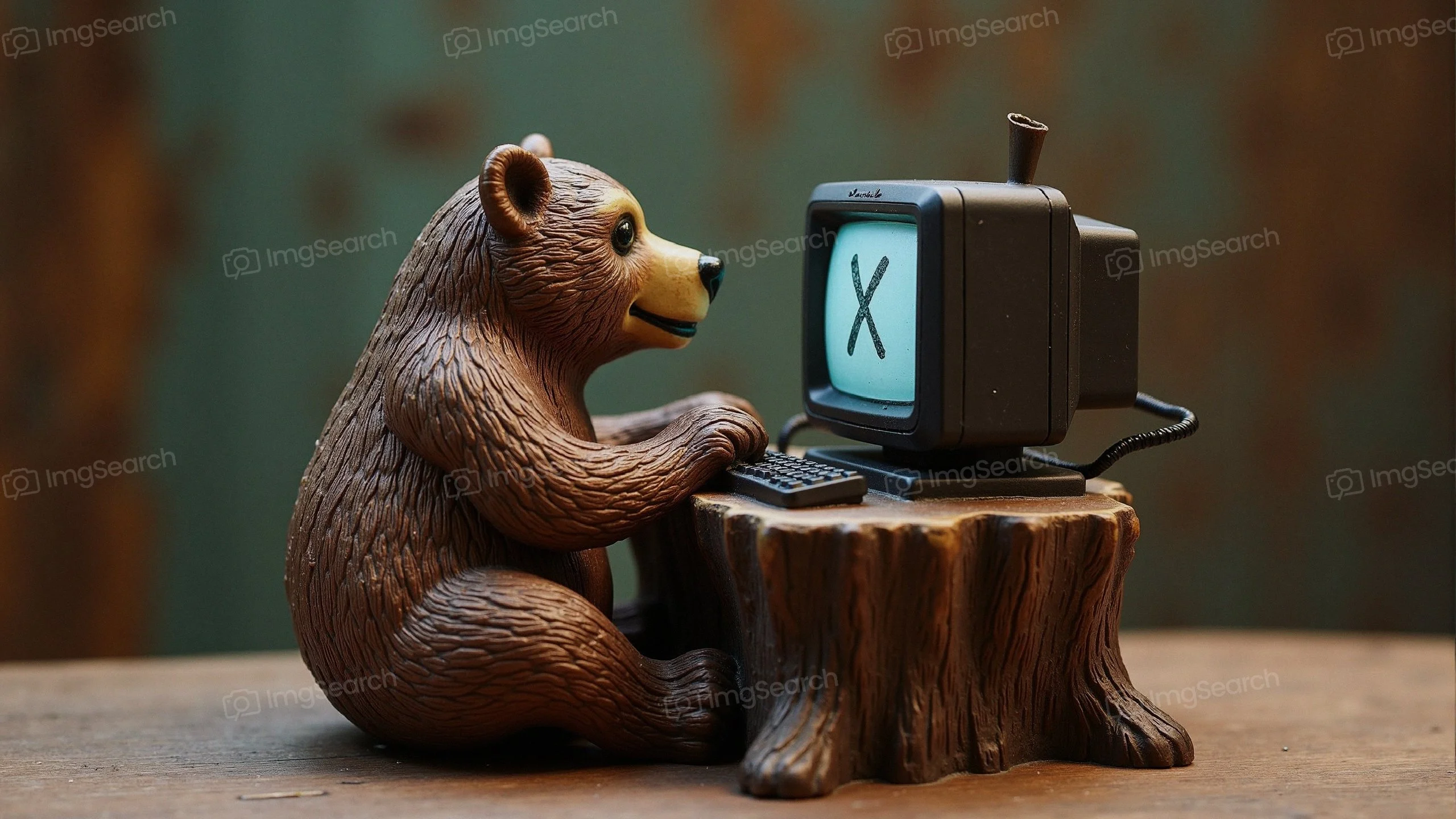A bear sitting at a computer typing on a tree stump.