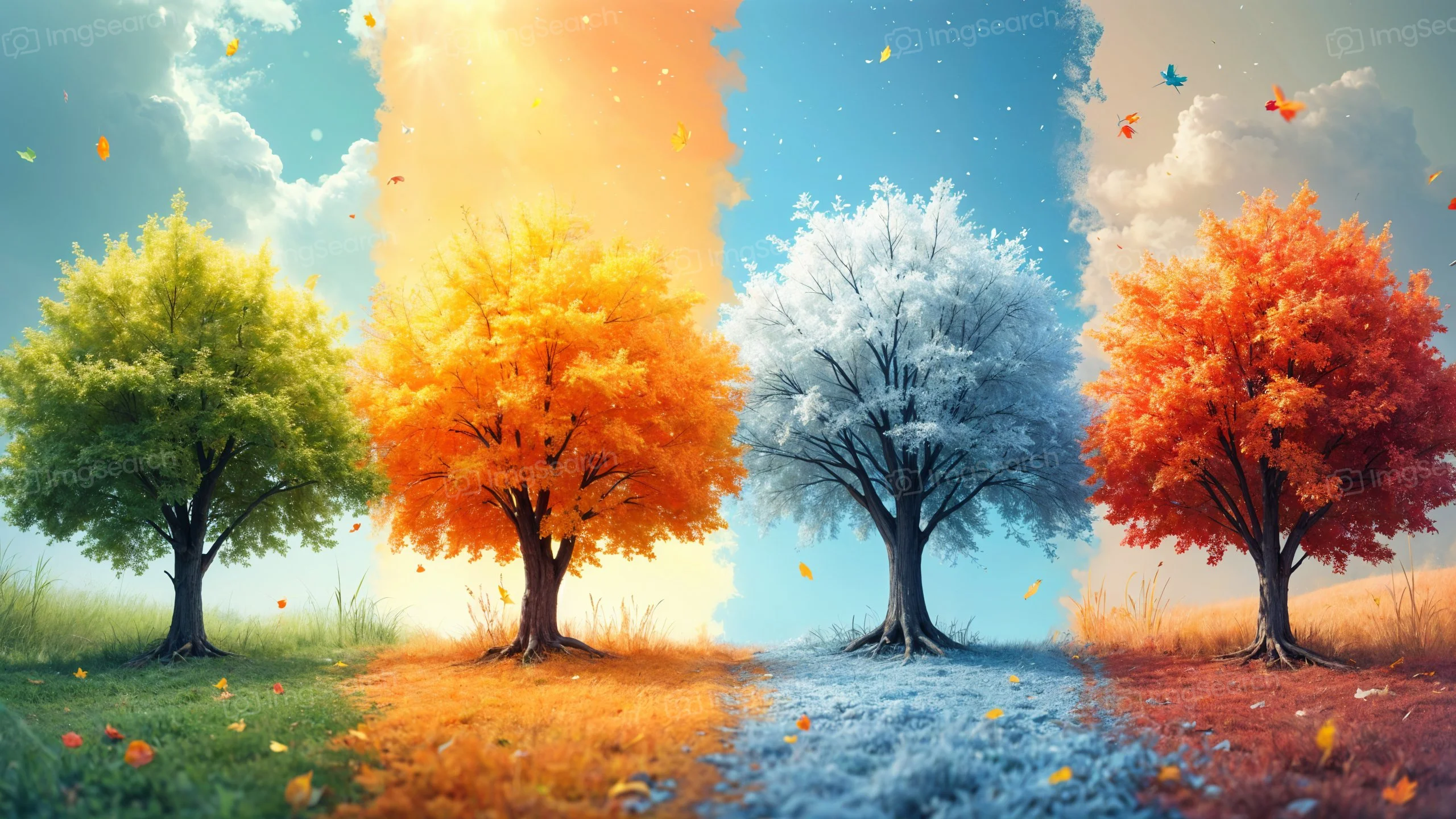 Four trees representing the four seasons: green for spring, orange for summer, red for autumn, and blue for winter.