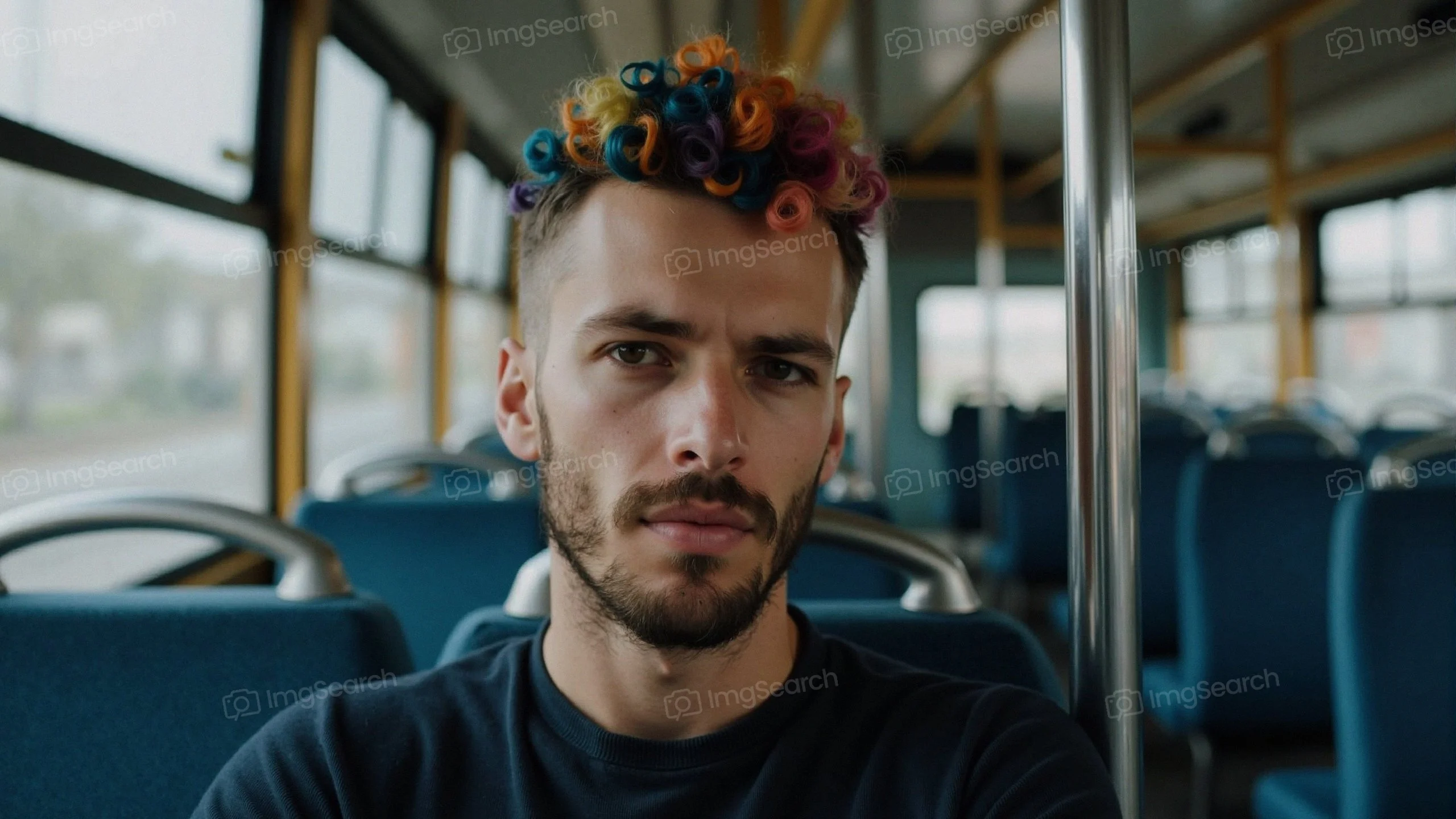 A young man with multicolored hair sitting on a bus.