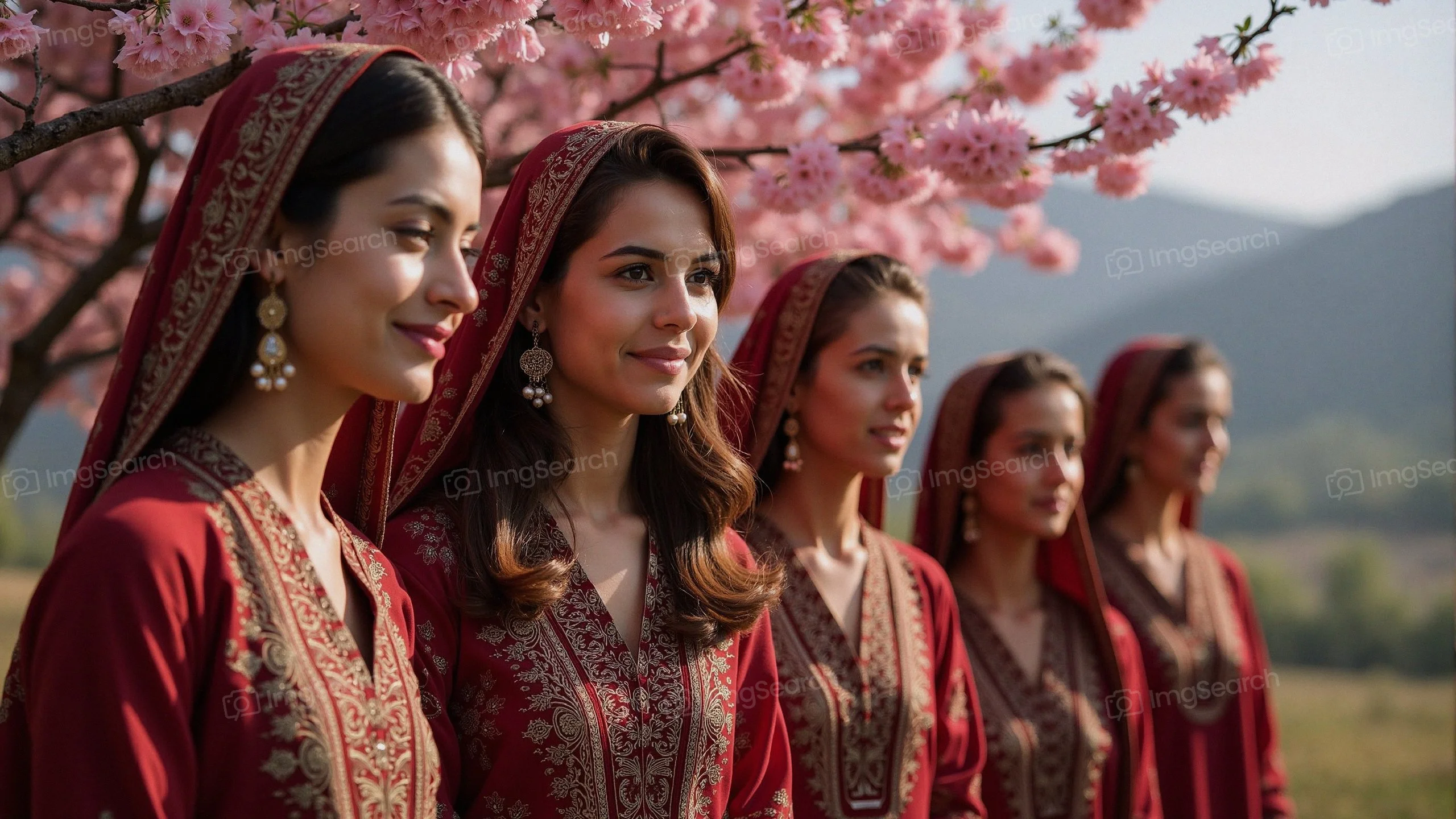 Five women in red traditional outfits standing under cherry blossom trees