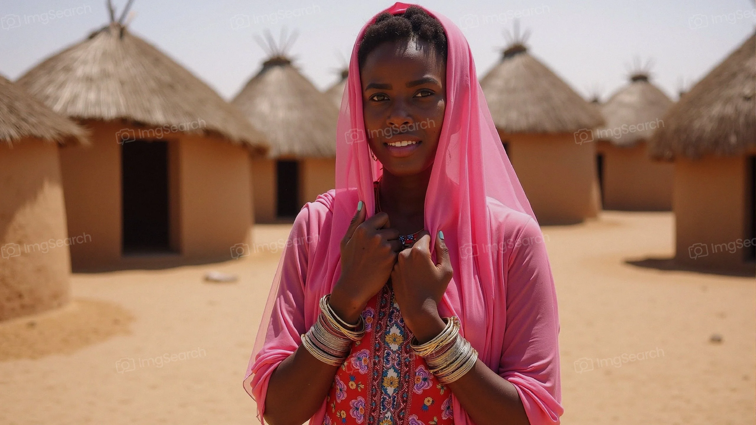 A woman wearing a pink shawl colorful traditional attire in a desert setting with huts in the background.