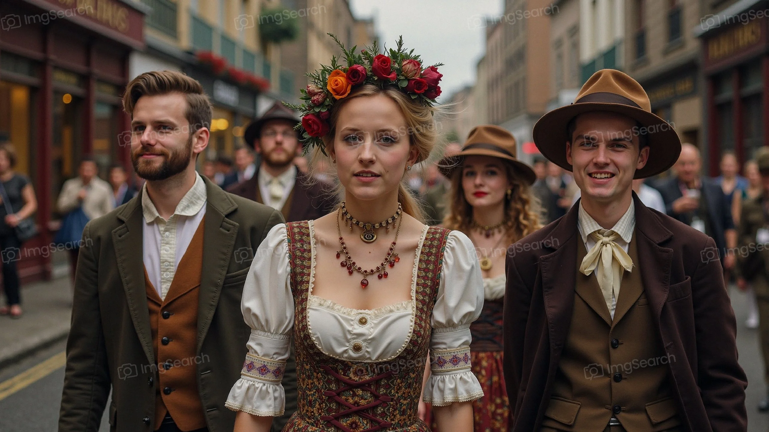 Group of people in historical attire during a festive parade