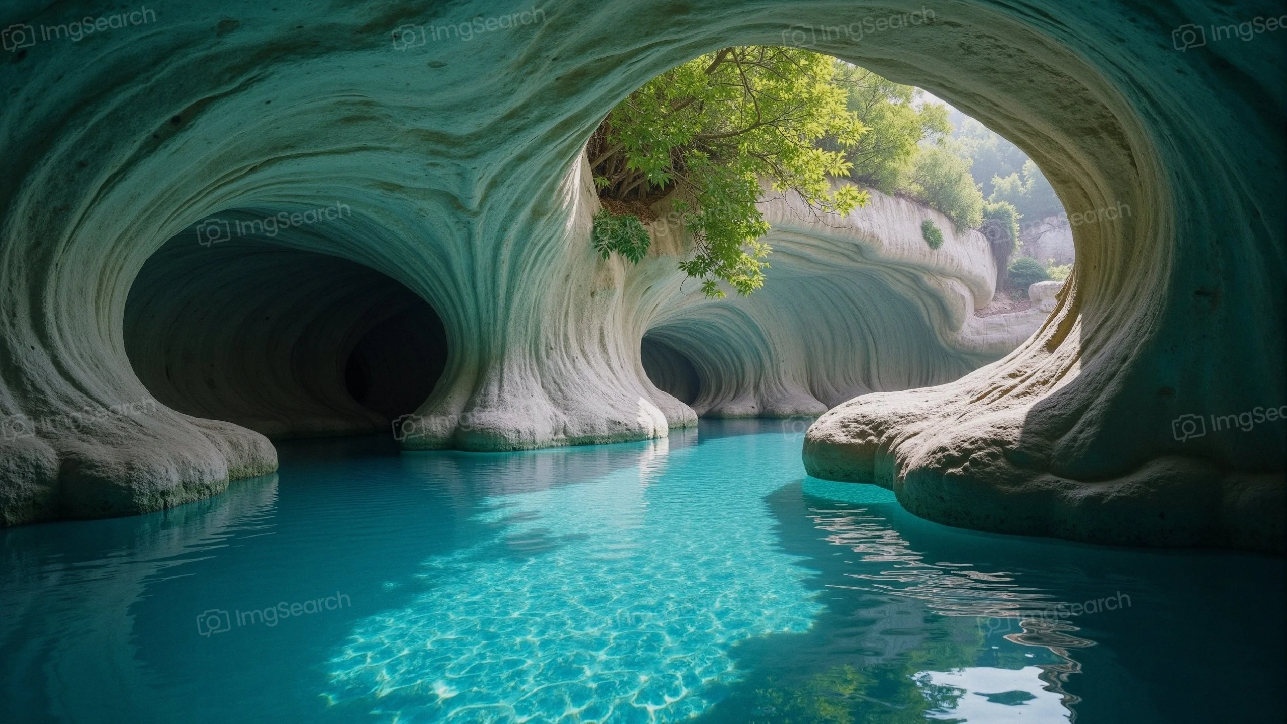 A cave with smooth walls turquoise water illuminated by natural light.