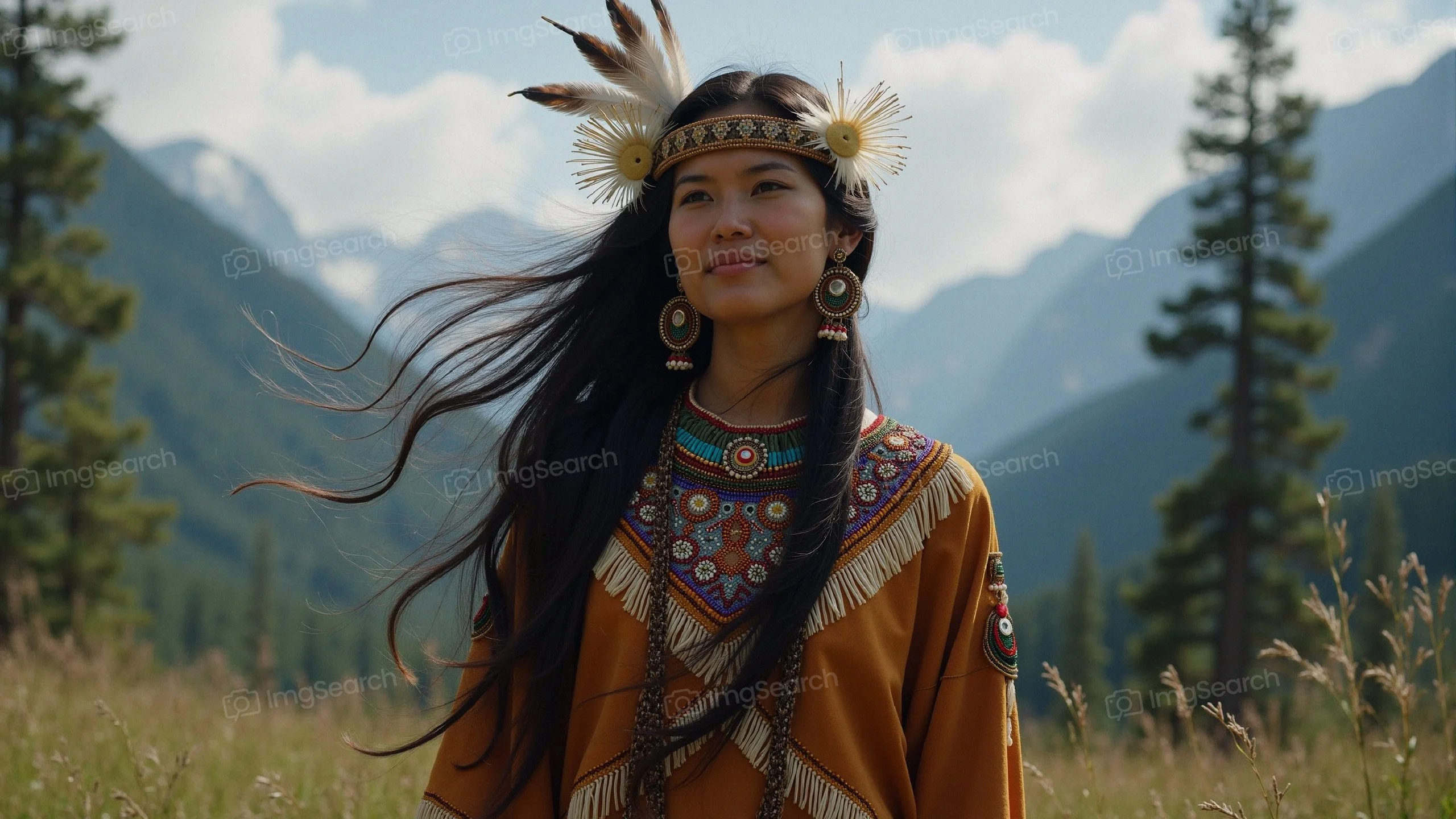 A woman in traditional indigenous clothing with a feathered headpiece standing in a green field with mountains in the background.