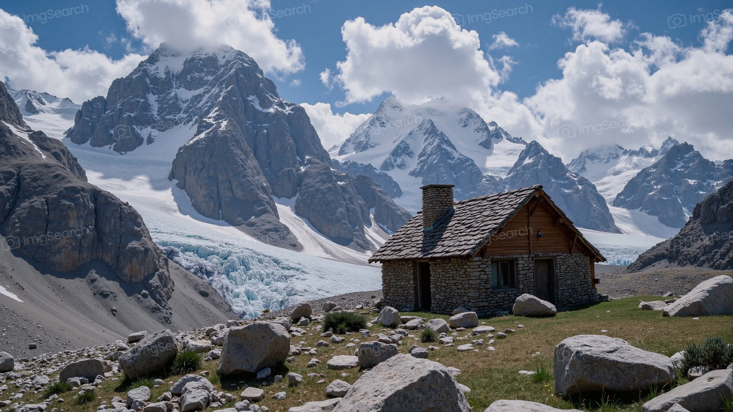 A rustic cabin in the mountains surrounded by a glacier rocky terrain under a partly cloudy sky.