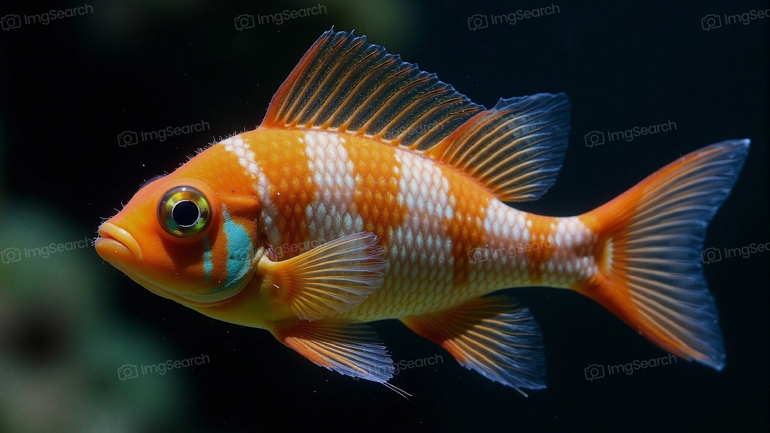 A orange white striped tropical fish swimming in water.