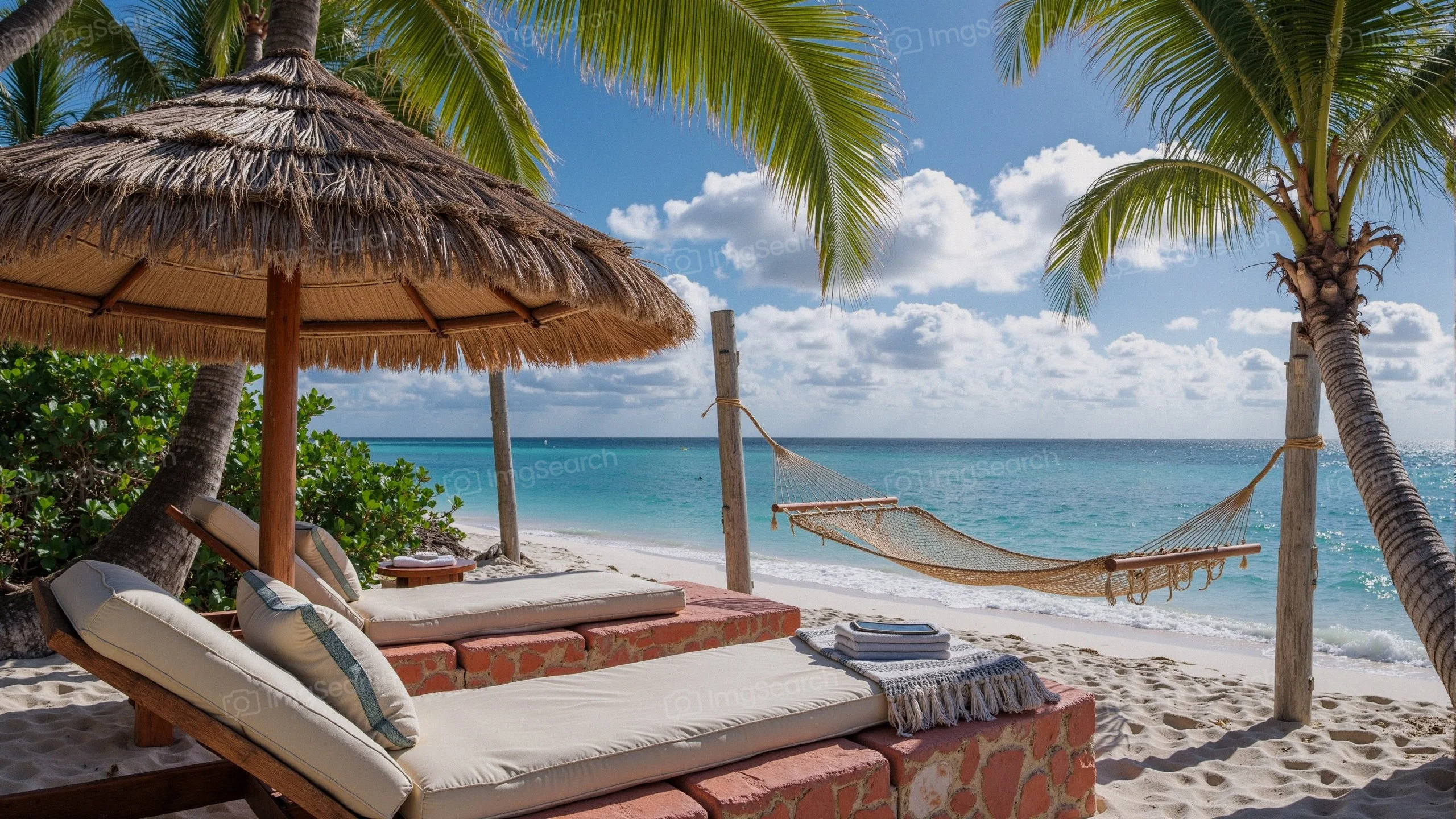 Sun loungers hammock on a tropical beach with palm trees ocean view