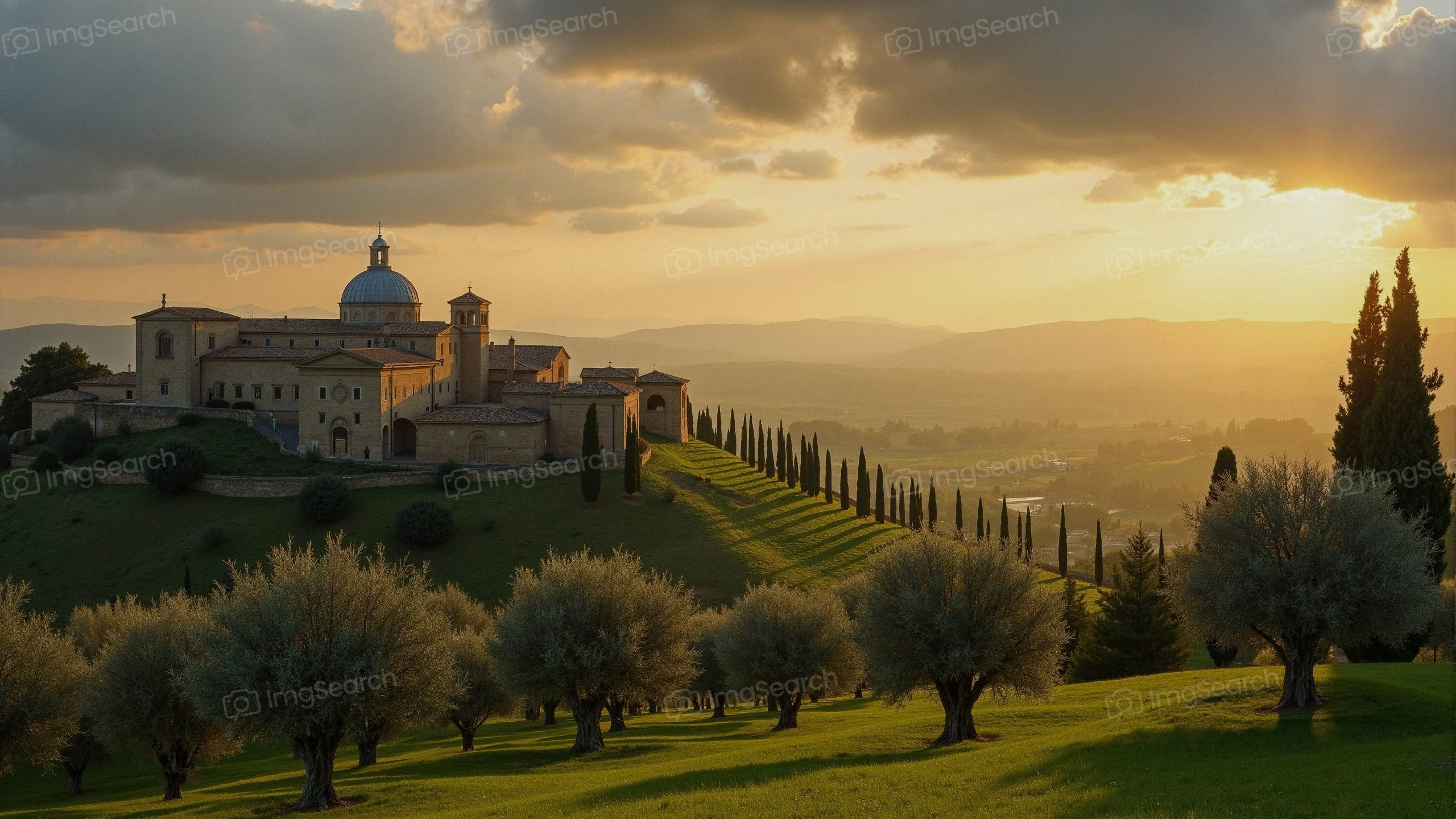 A scenic view of a Tuscan monastery at sunset surrounded by olive trees rolling hills.