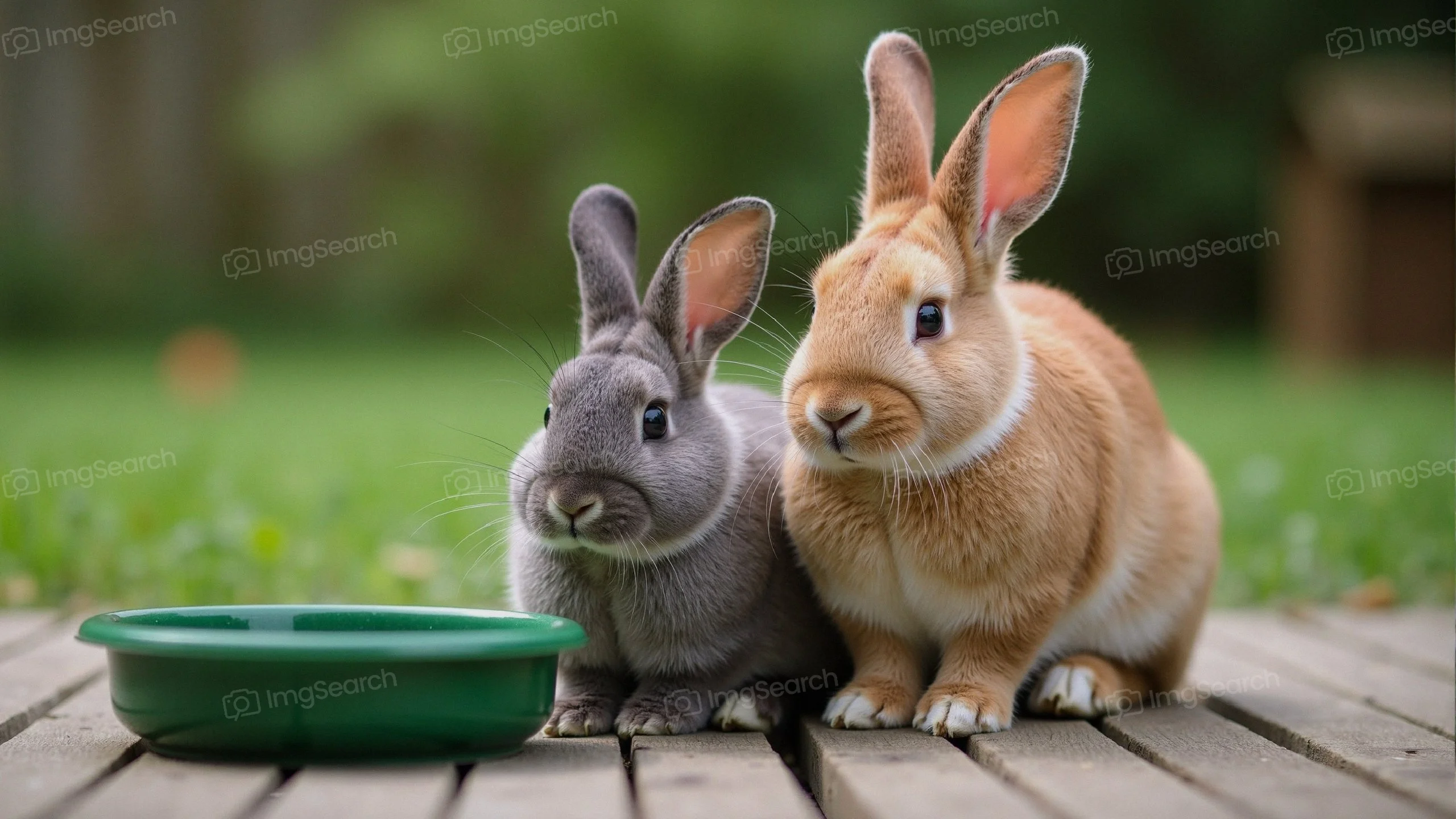 Two rabbits, one gray and one tan, sitting next to each other by a green bowl.