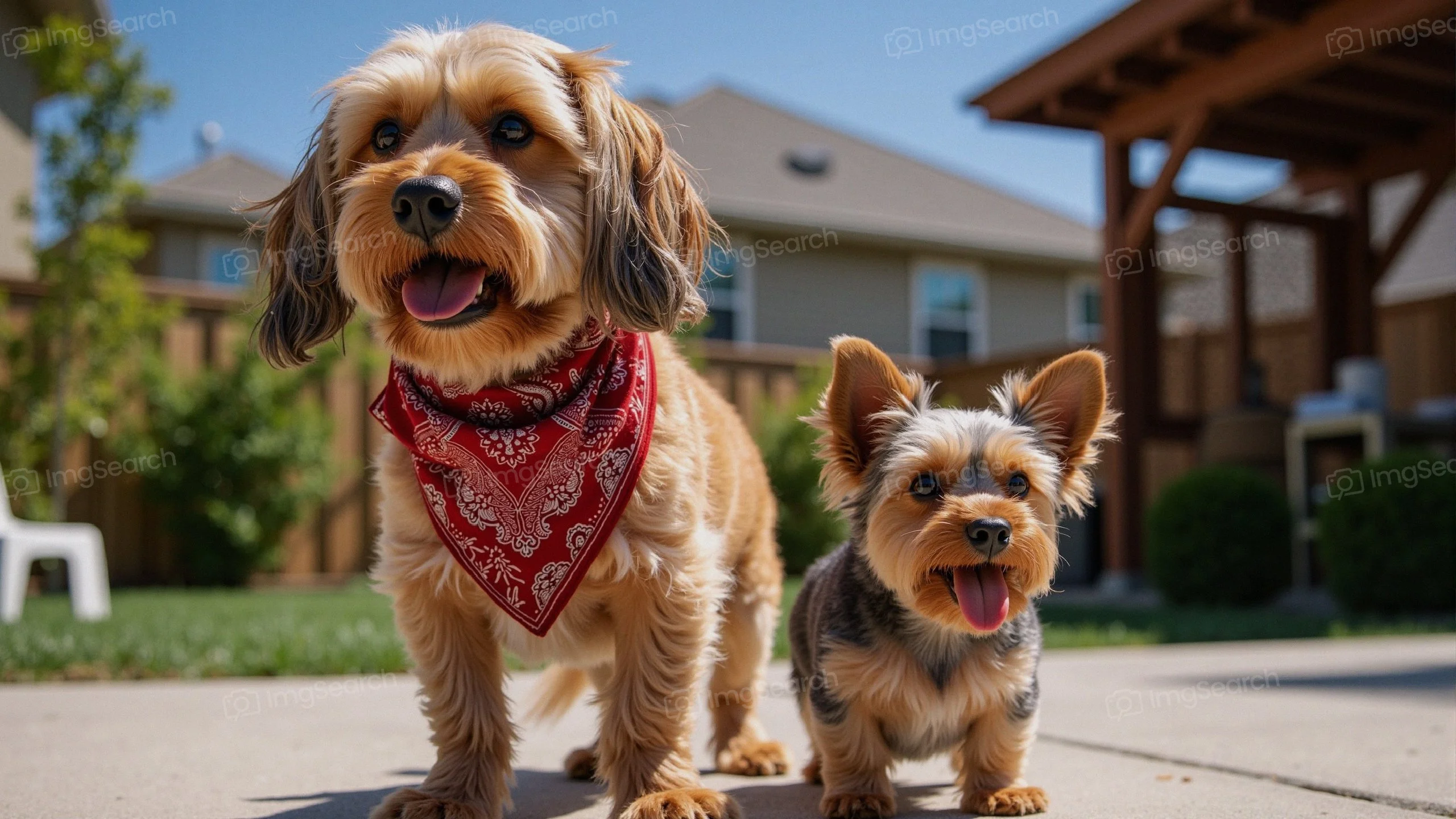 Two happy dogs standing together in a sunny backyard with a red bandana on one.