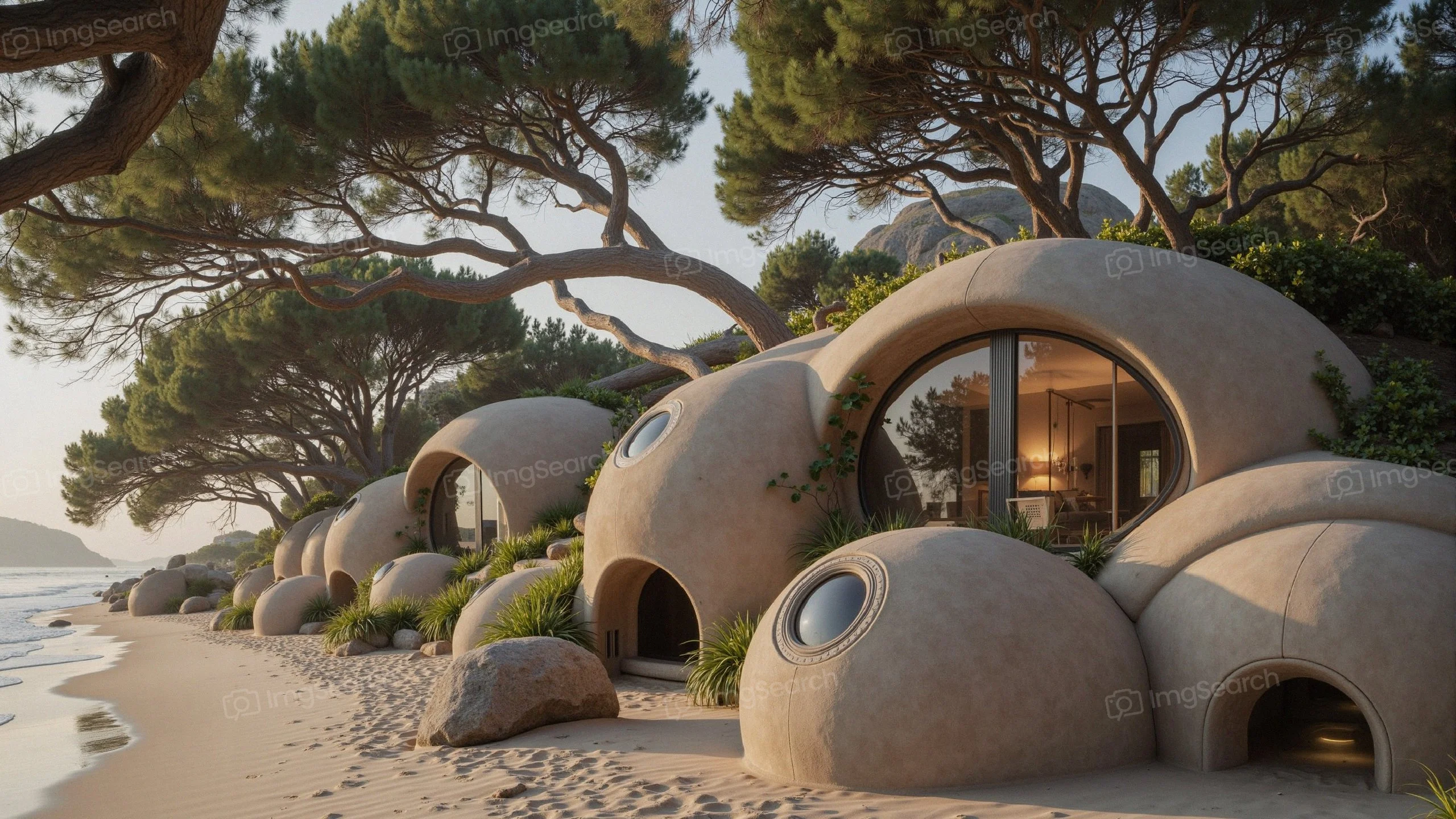 Unique bubble-shaped houses on a beach surrounded by trees