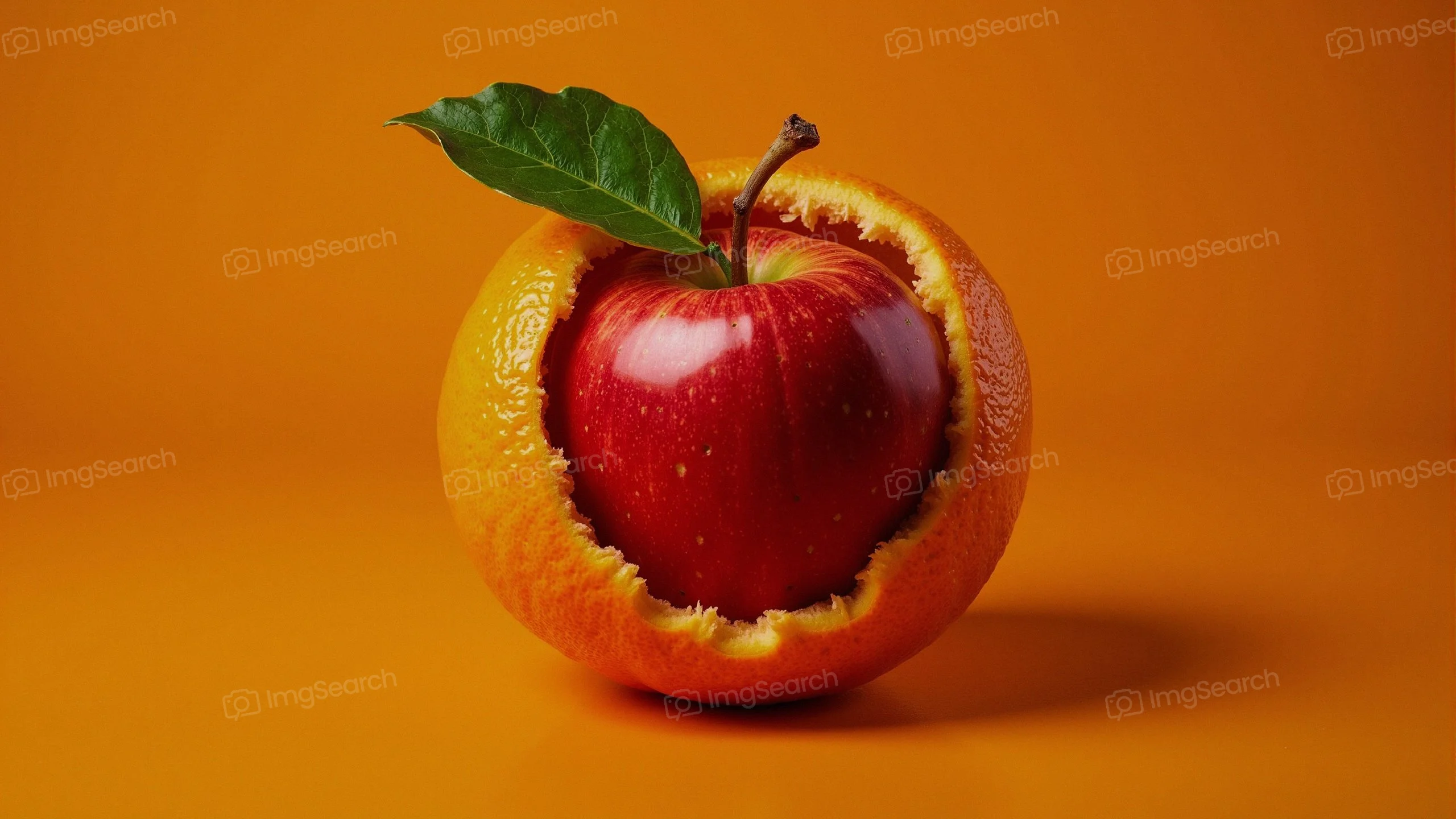 An apple inside an orange on an orange background