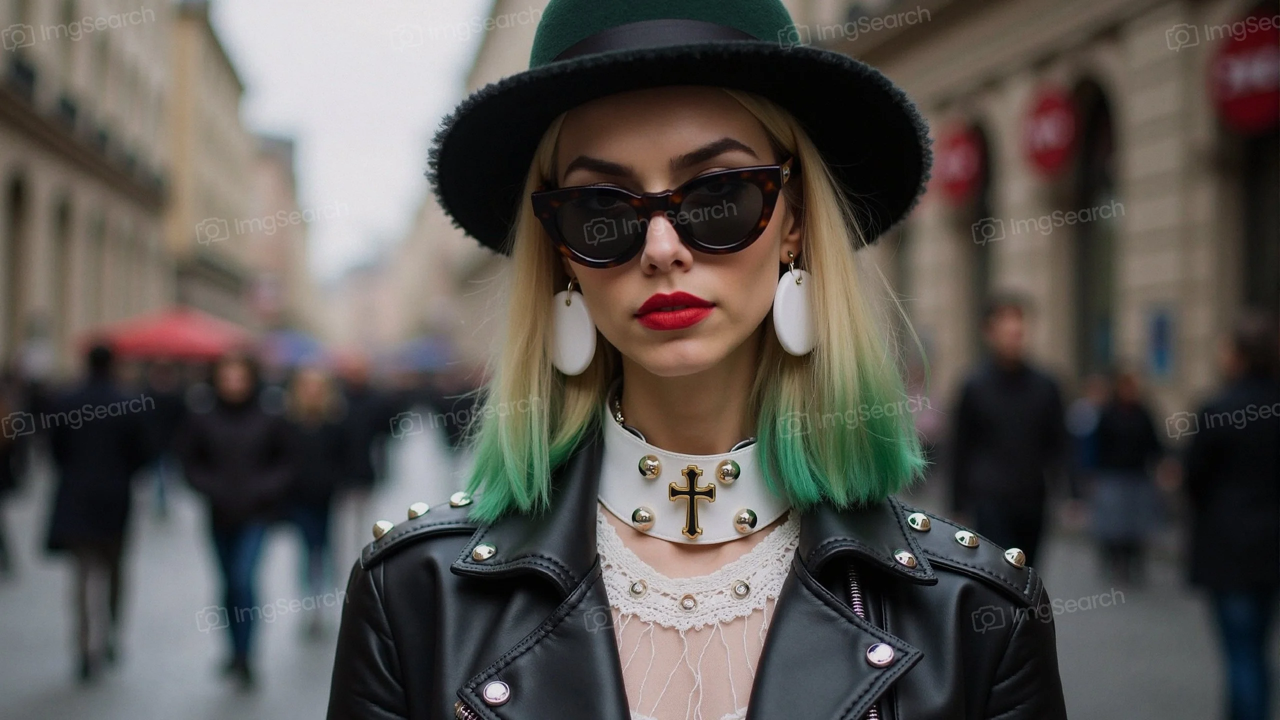 Young woman with green hair wearing a leather jacket sunglasses in an urban setting