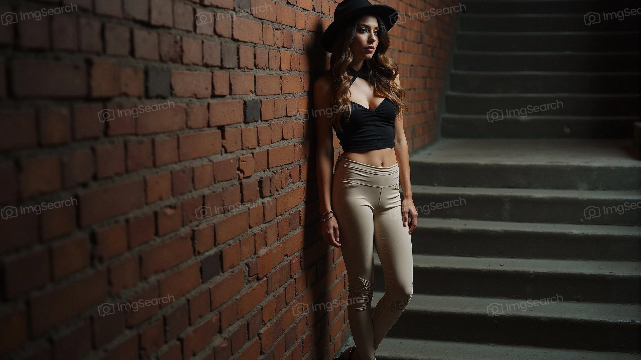 Model wearing a black top and beige leggings standing against a brick wall
