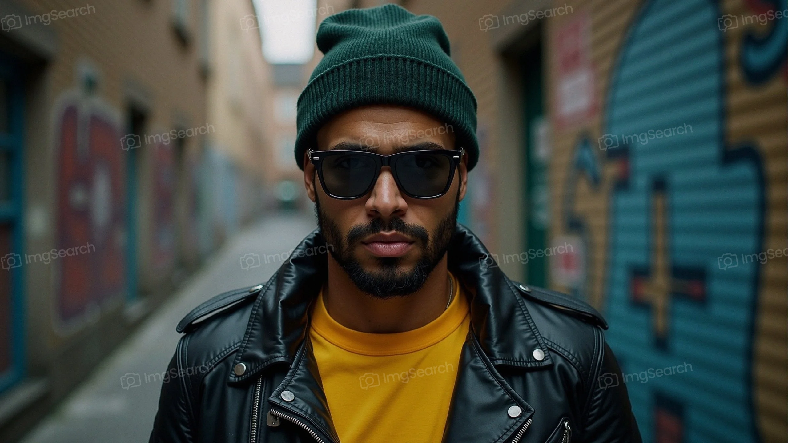 A stylish man in a black leather jacket green beanie standing in a graffiti-filled alleyway.