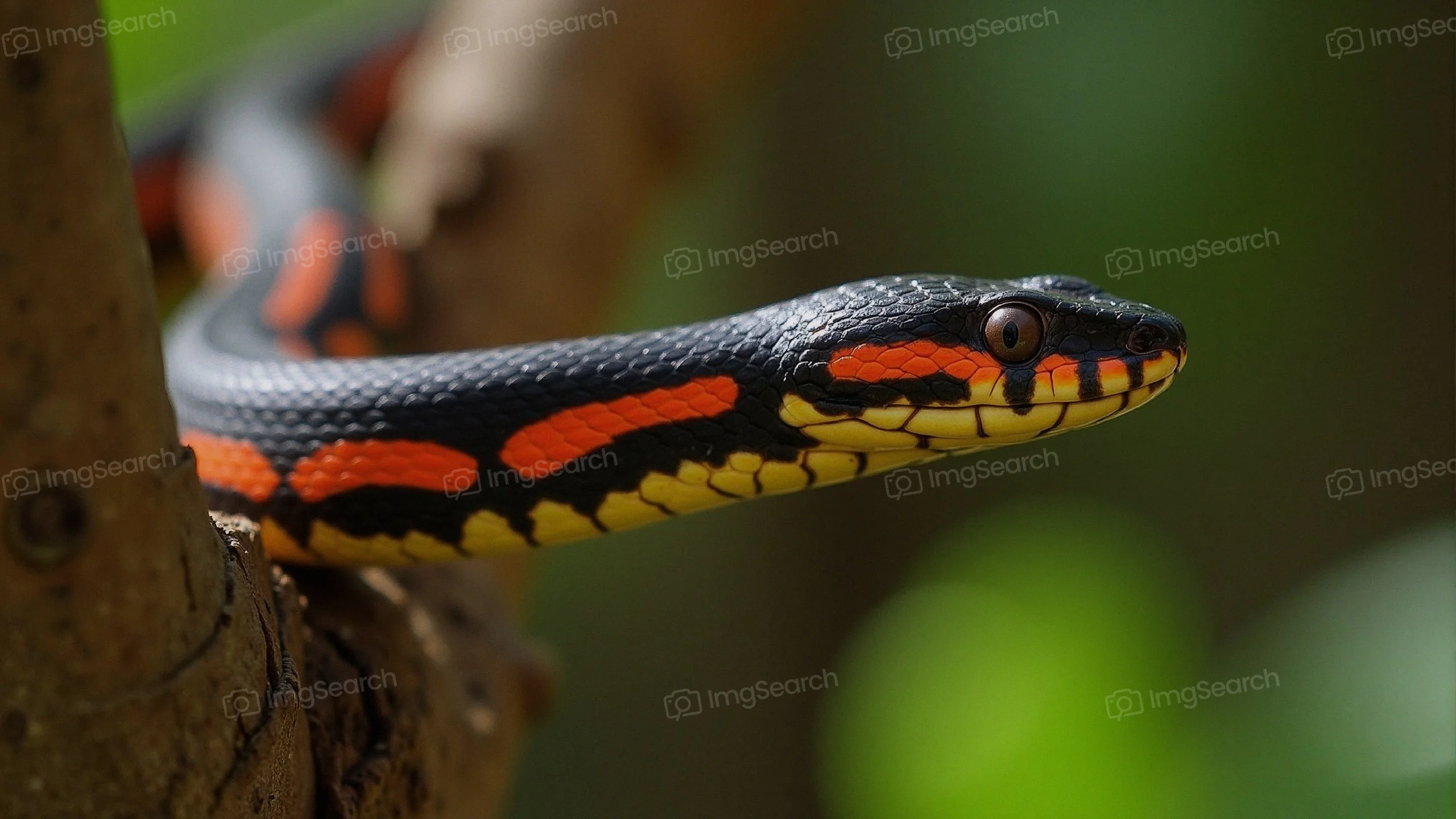 A black orange snake coiled on a branch in a lush green environment
