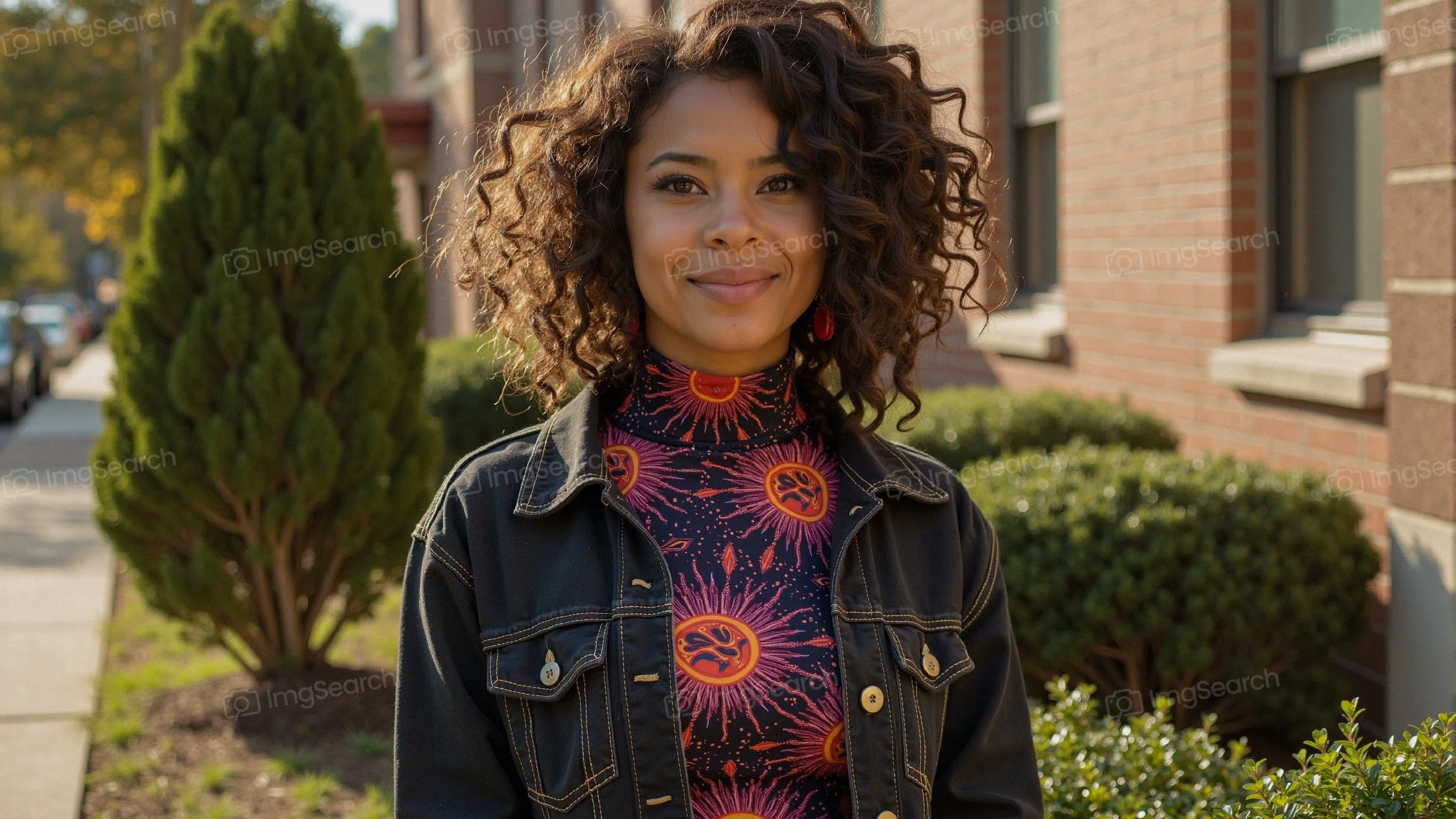 Young woman with curly hair in cosmic-patterned top standing outdoors